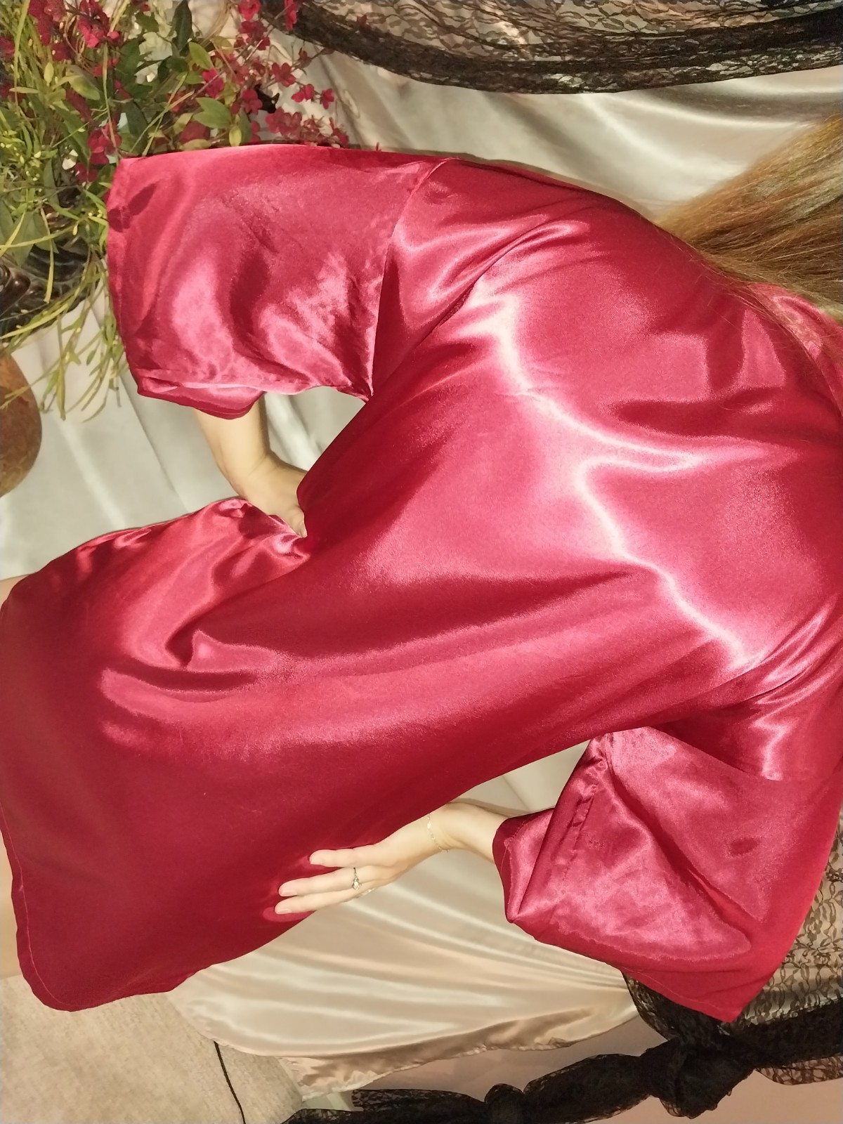 VTG SATIN RUBY GARNET RED SHORTY BABYDOLL NIGHTGOWN ROBE LINGERIE 42 44 XL