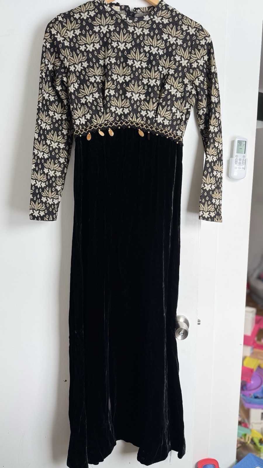 Vintage 60s Gold & Black Baroque Quilt Top & Velvet Skirt Maxi Dress XS 1960s
