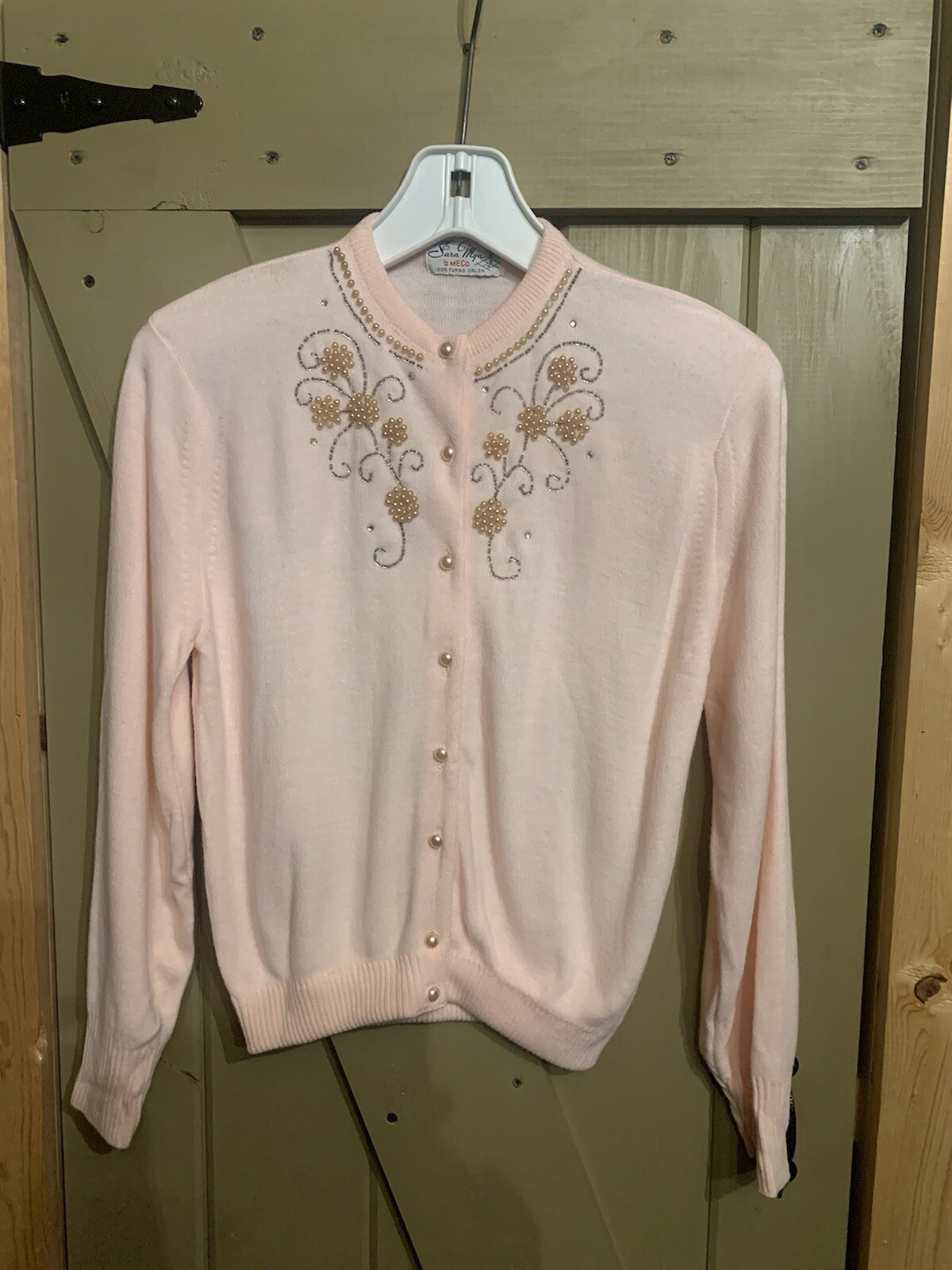 Vintage A Sara Mya By Meco 100% Turbo Orlon 1950’s Pink Embroidered Sweater
