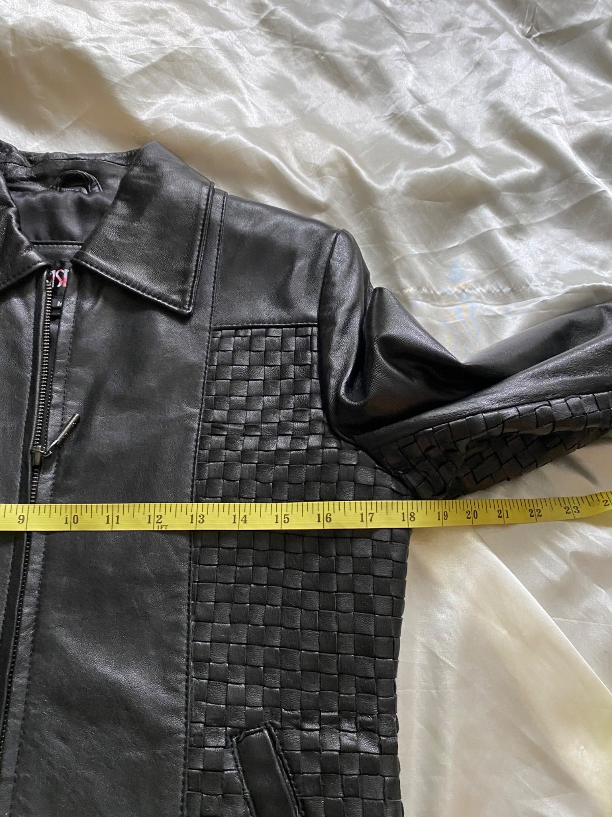 Vintage 1990s NWT Black Woven Leather Jacket Minimalist Medium Classic