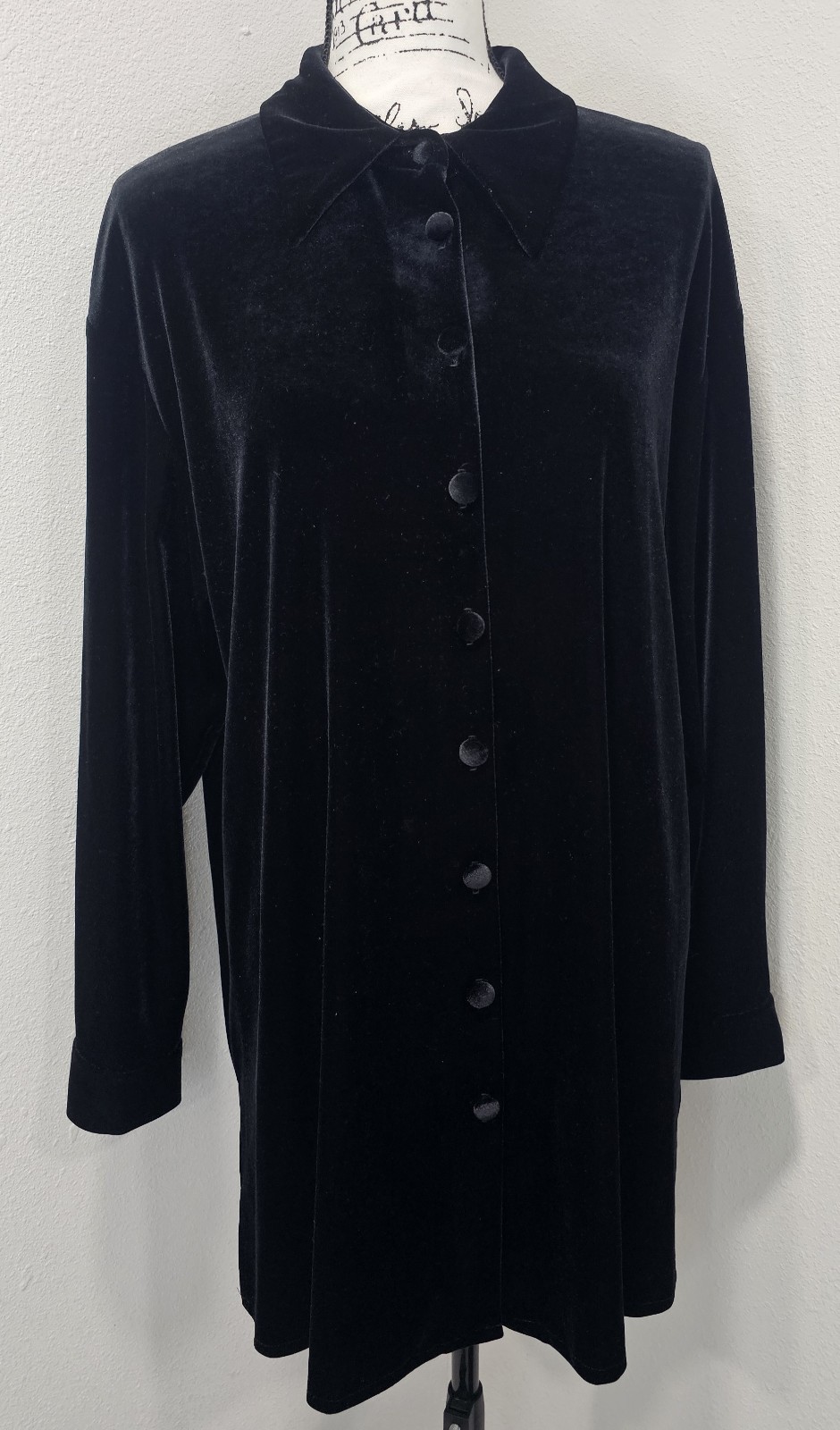 K.C. Spencer Vintage Black Velvet Velour Button Up Tunic Sz 16 Stretch Collared