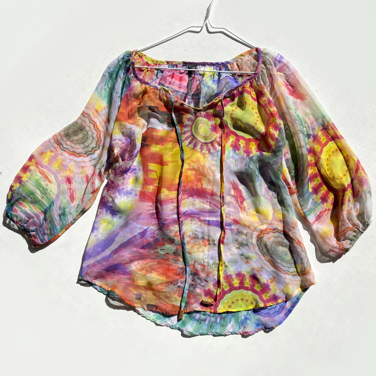 Vintage Kay Celine Top Sz S Colorful Abstract Floral Tunic Sheer Bell Artsy Boho