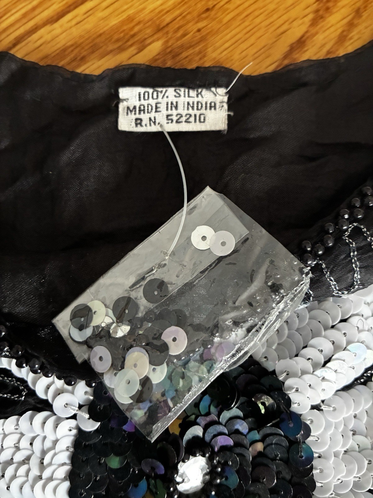 1990s Black & White Floral Silk Sequined Blouse Evening Shimmery