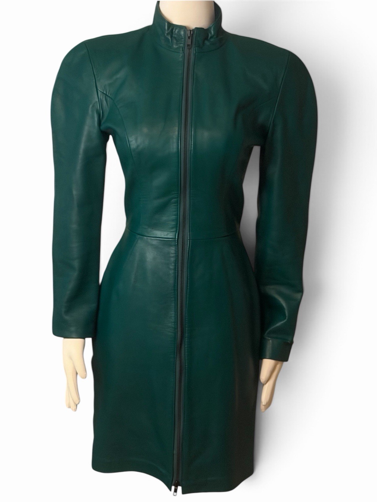 VTG Michael Hoban North Beach Green Leather Dress Front Zip S 2