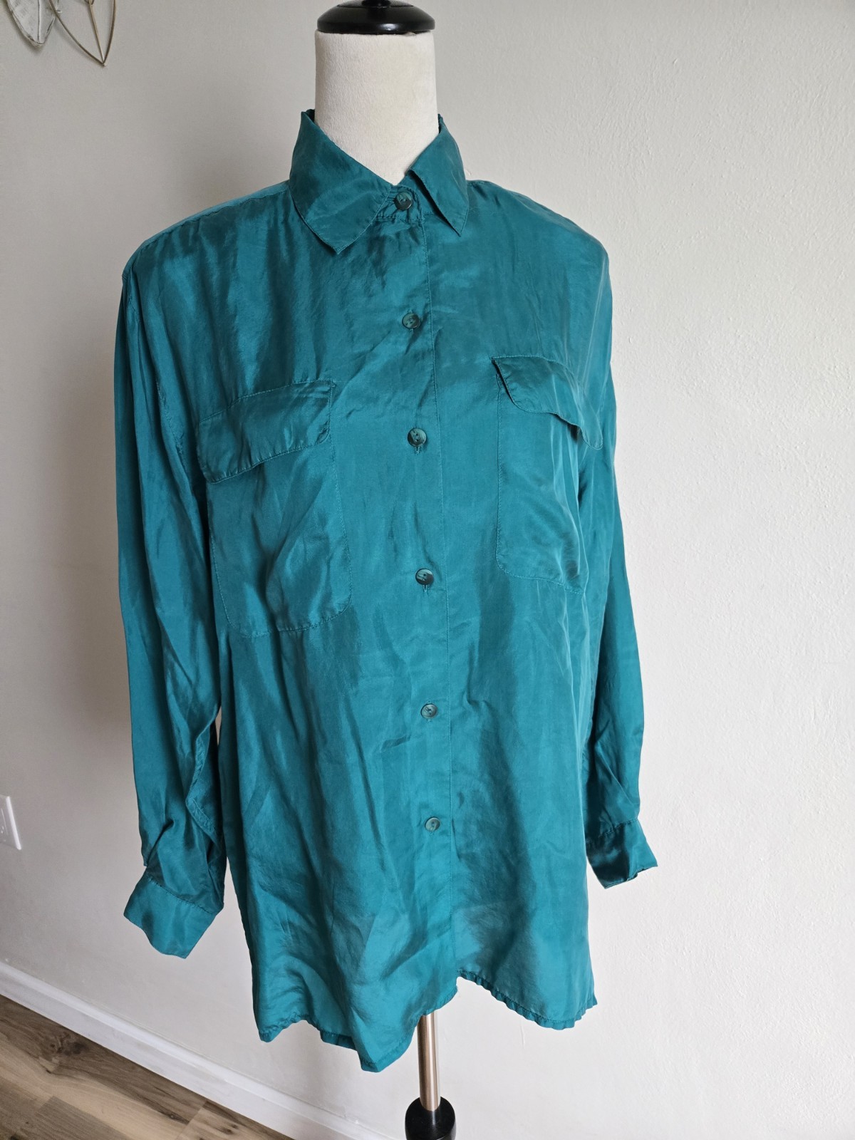 Vintave Shirt Joule Energy Teal Green/silk/sizeM/blouse/pocket/button/longsleeve