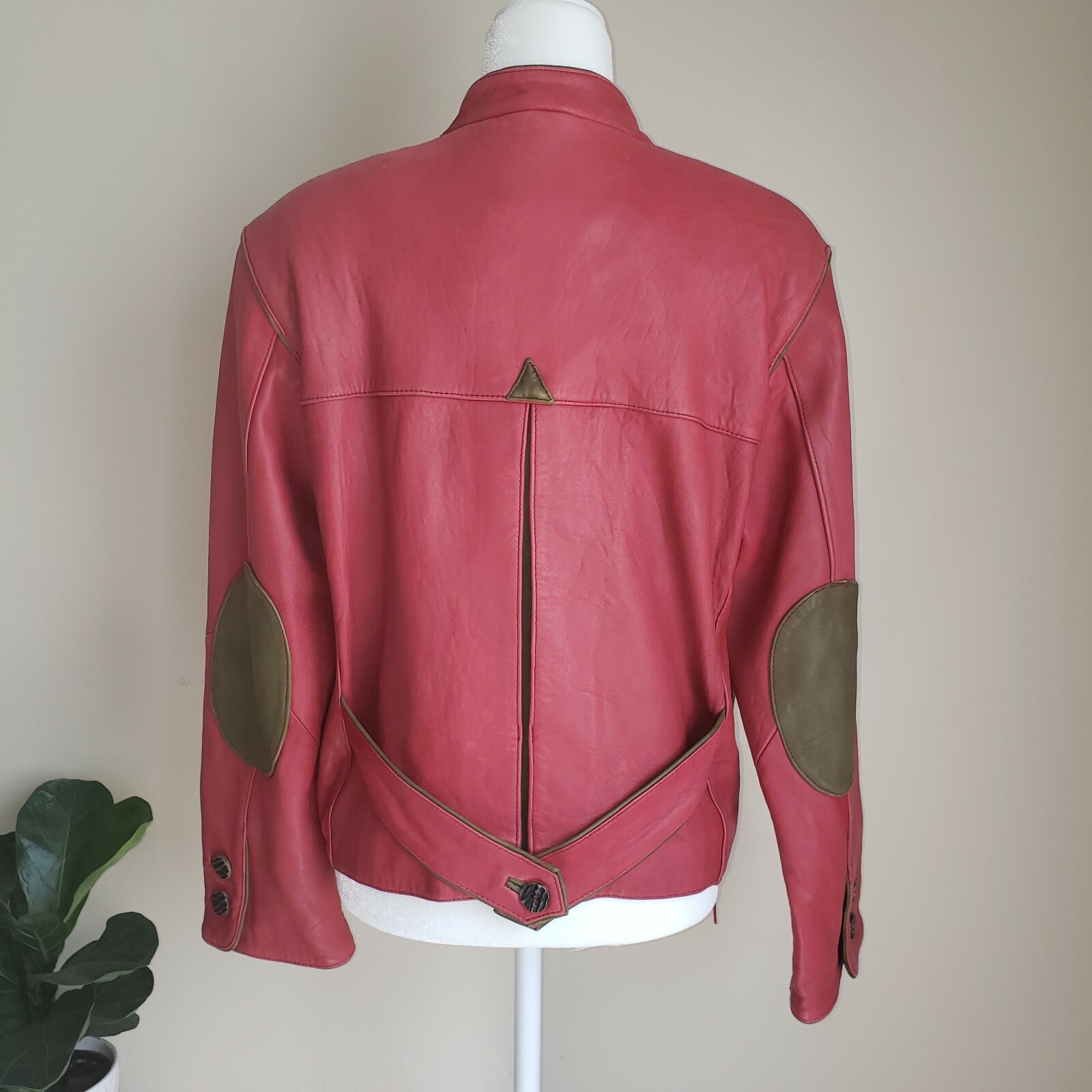 Vintage 80s Original Leather Sound LS Red Leather Jacket Green Accents Sz 38