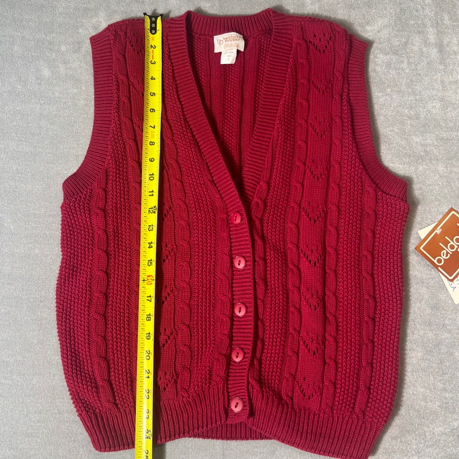Vintage Beldoch Popper Red Cable Knit Button Front Sweater Vest Large 8 NWT