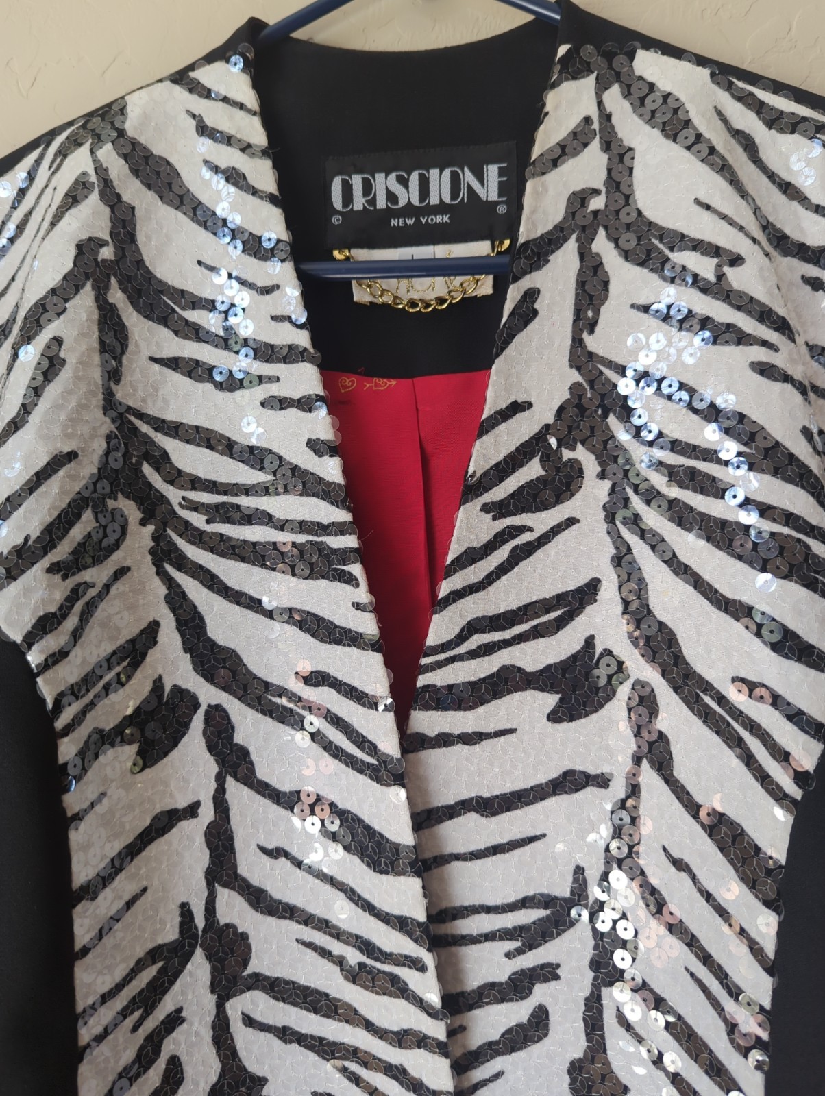 Vintage Woman Sz L Criscione New York Black Blazer Sequin Lined Zebra Design USA