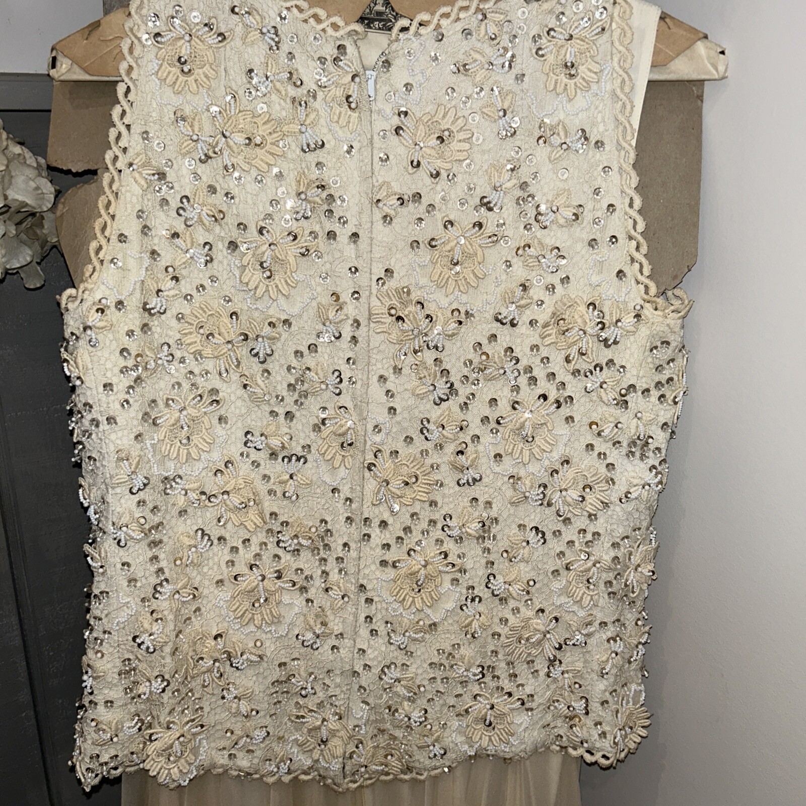 Pat Sandler Chiffon Ivory Cocktail Dress Sequin Lace Top Flowy Bottom S/M