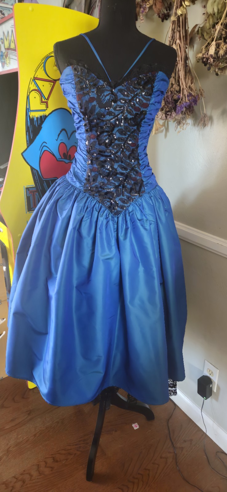 Vintage 1980s Blue And Black Gunnesax Prom Dress With Peek-a-boo Black Slip