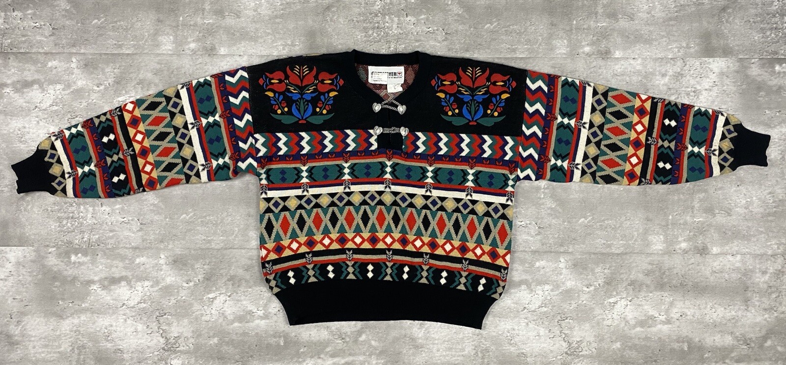 vintage OBERMEYER MOSAIC SWEATER SKI LADIES WOMENS S WOOL ACRYLIC METAL HEART