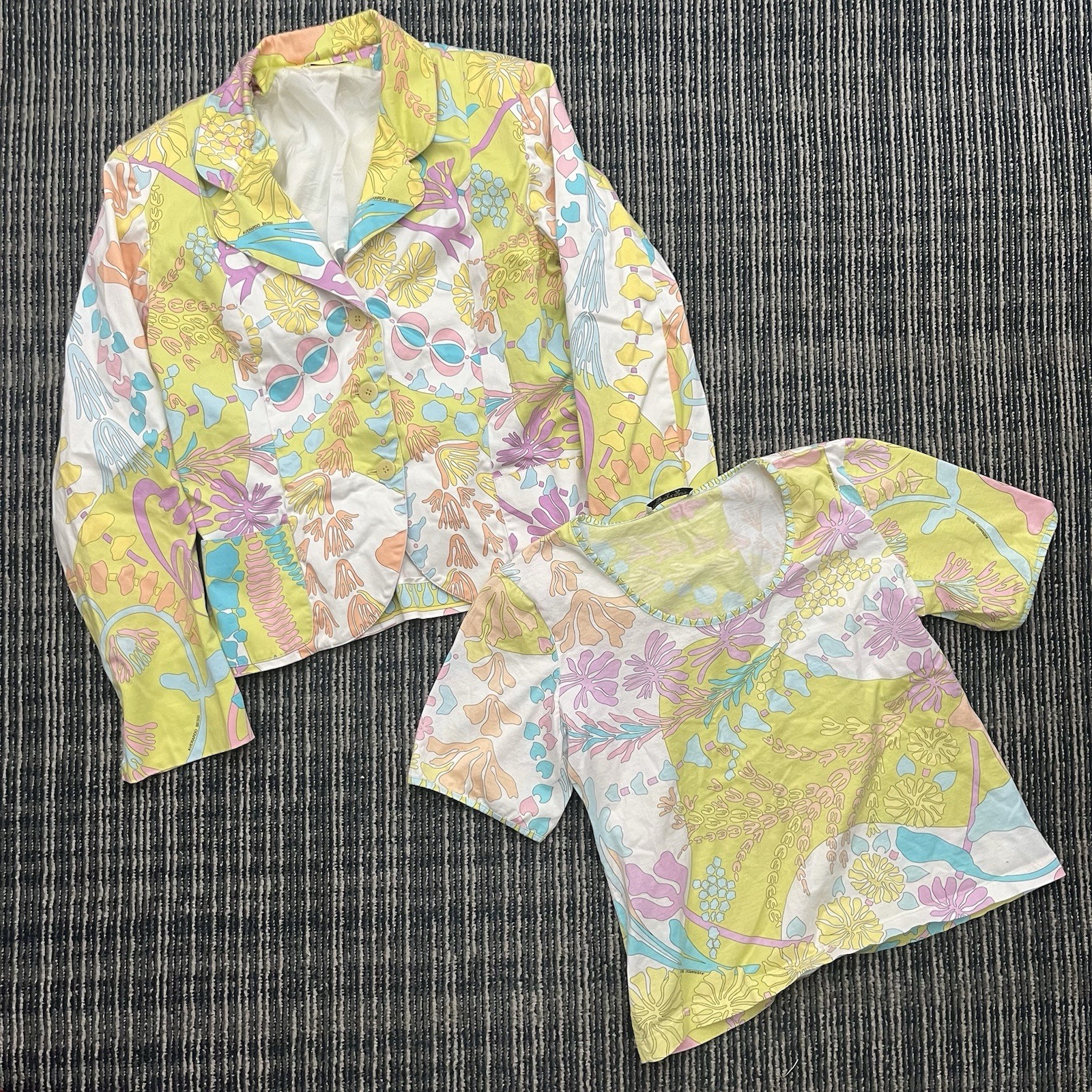 Vintage Averardo Bessi Italy 2pc Cotton Set Blazer/ Top Psychedelic Floral Sz 12