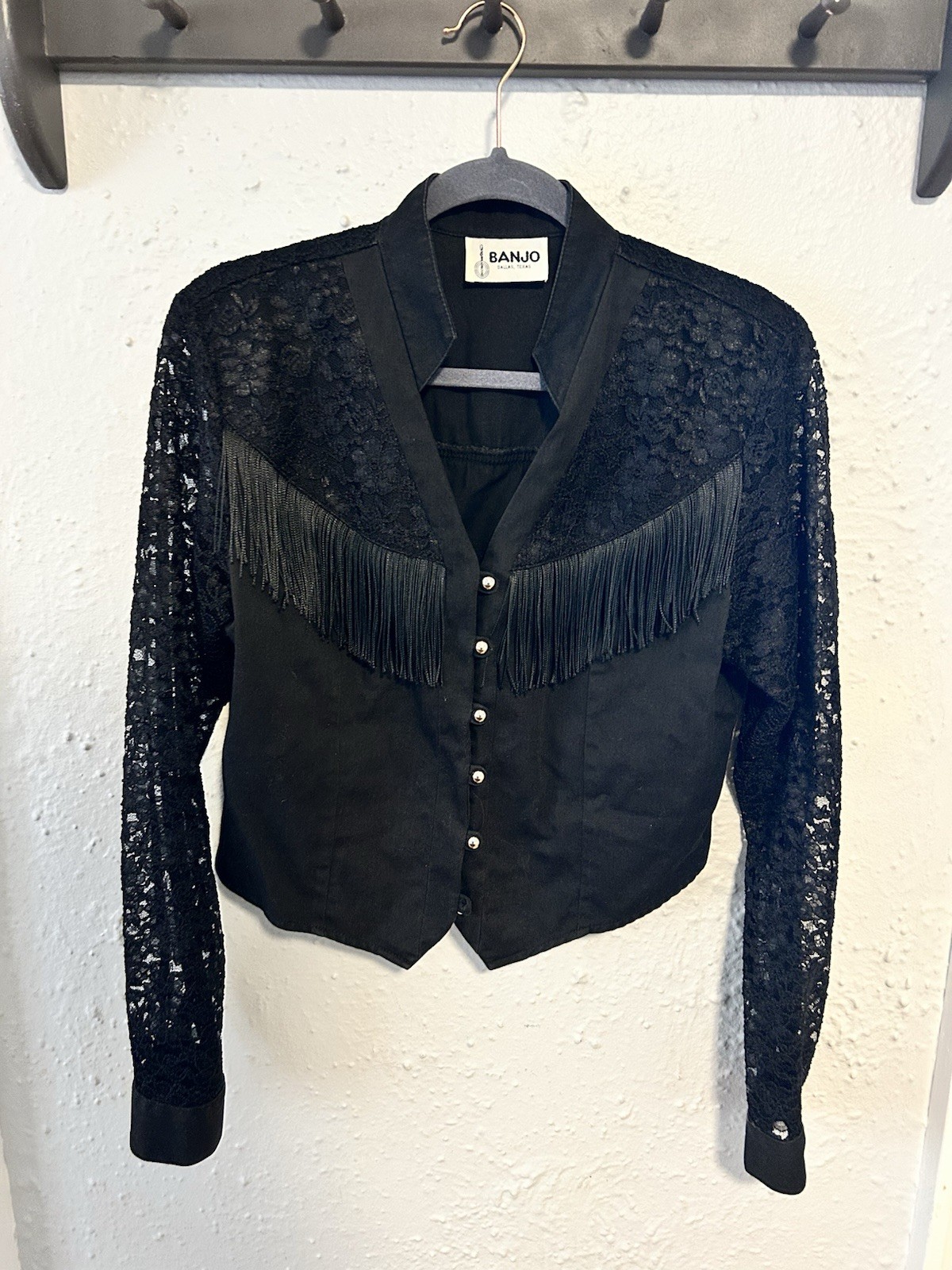 Vintage Banjo Western Ladies Shirt Black Fringe Medium Long Sleeve Lace Buttons