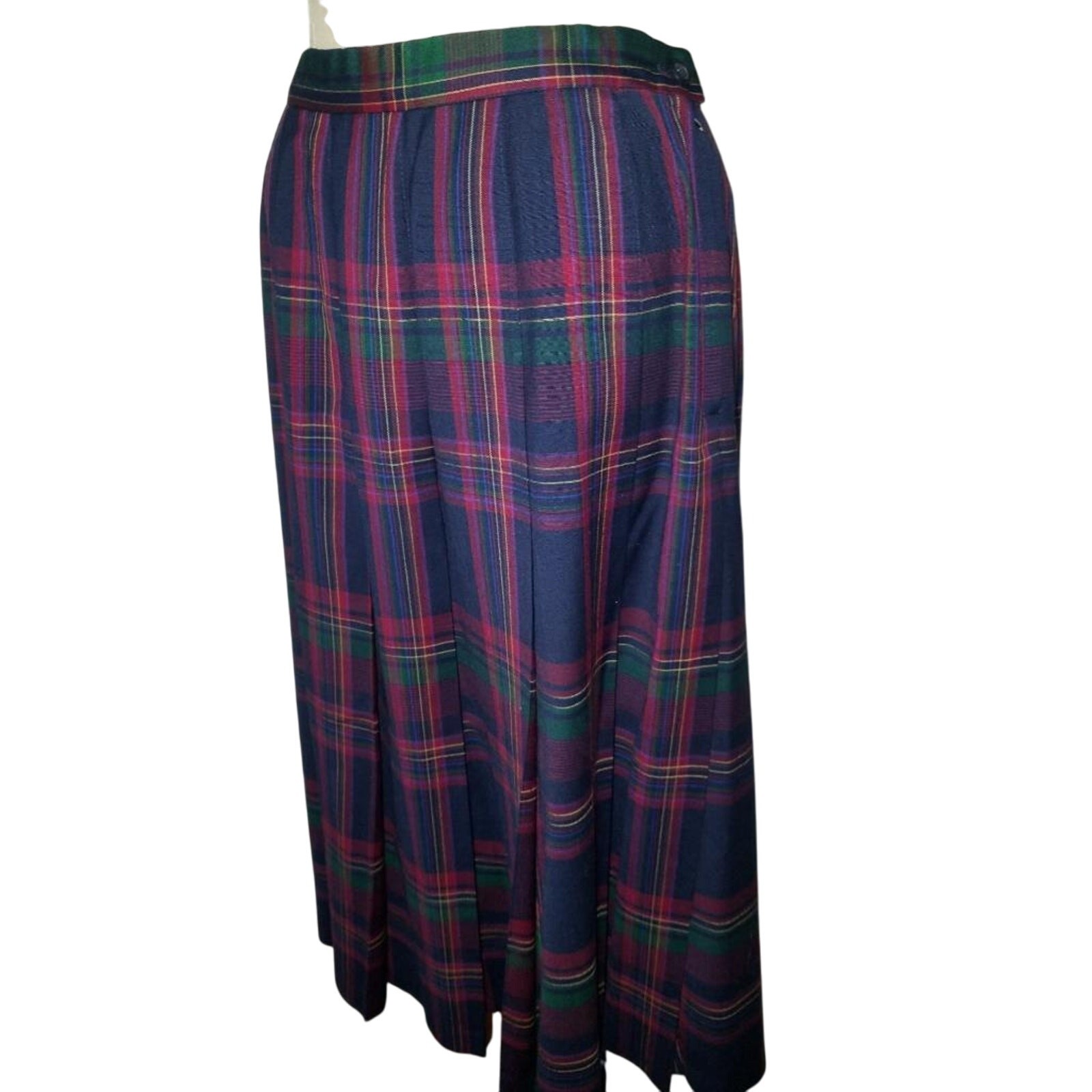 Pendleton 100% Wool Tartan Plaid Midi Skirt Drop Pleated Red Green Navy USA