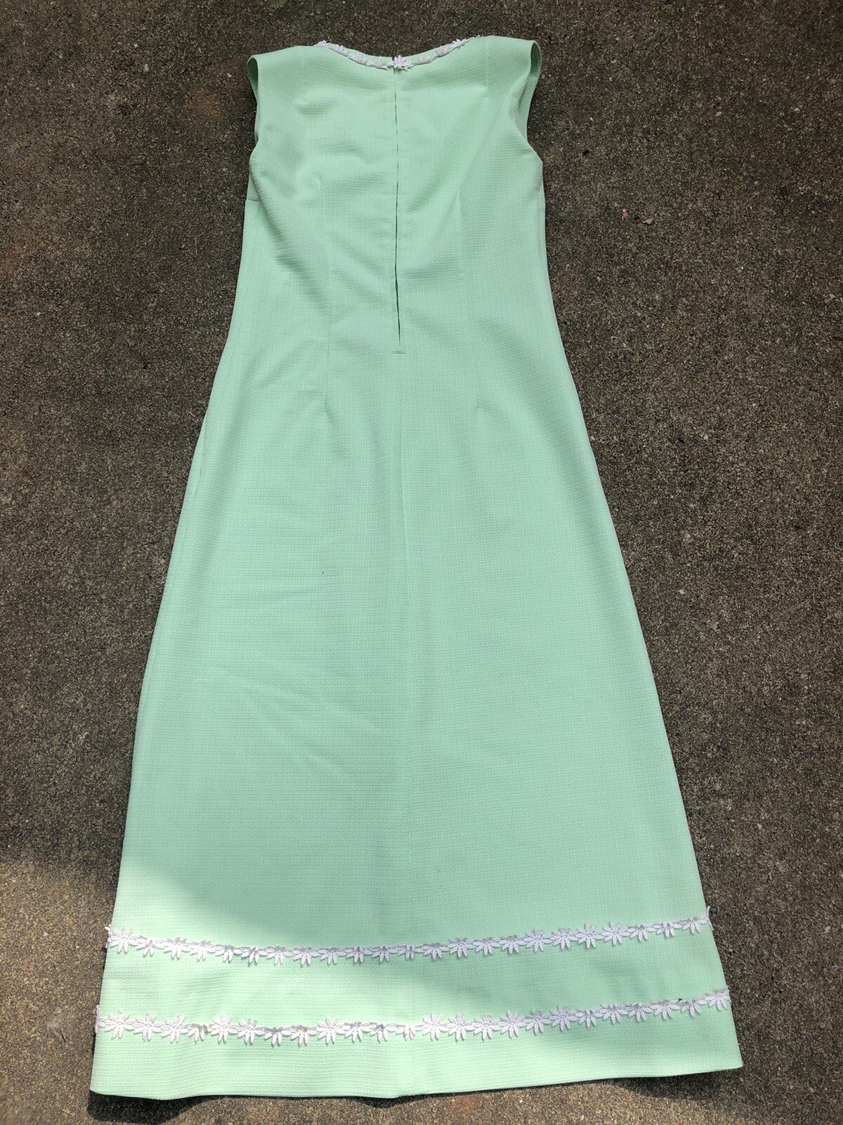 VTG 70s Mint Green Waffle Texture Polyester Sleeveless Floral Lace Maxi Dress~XS