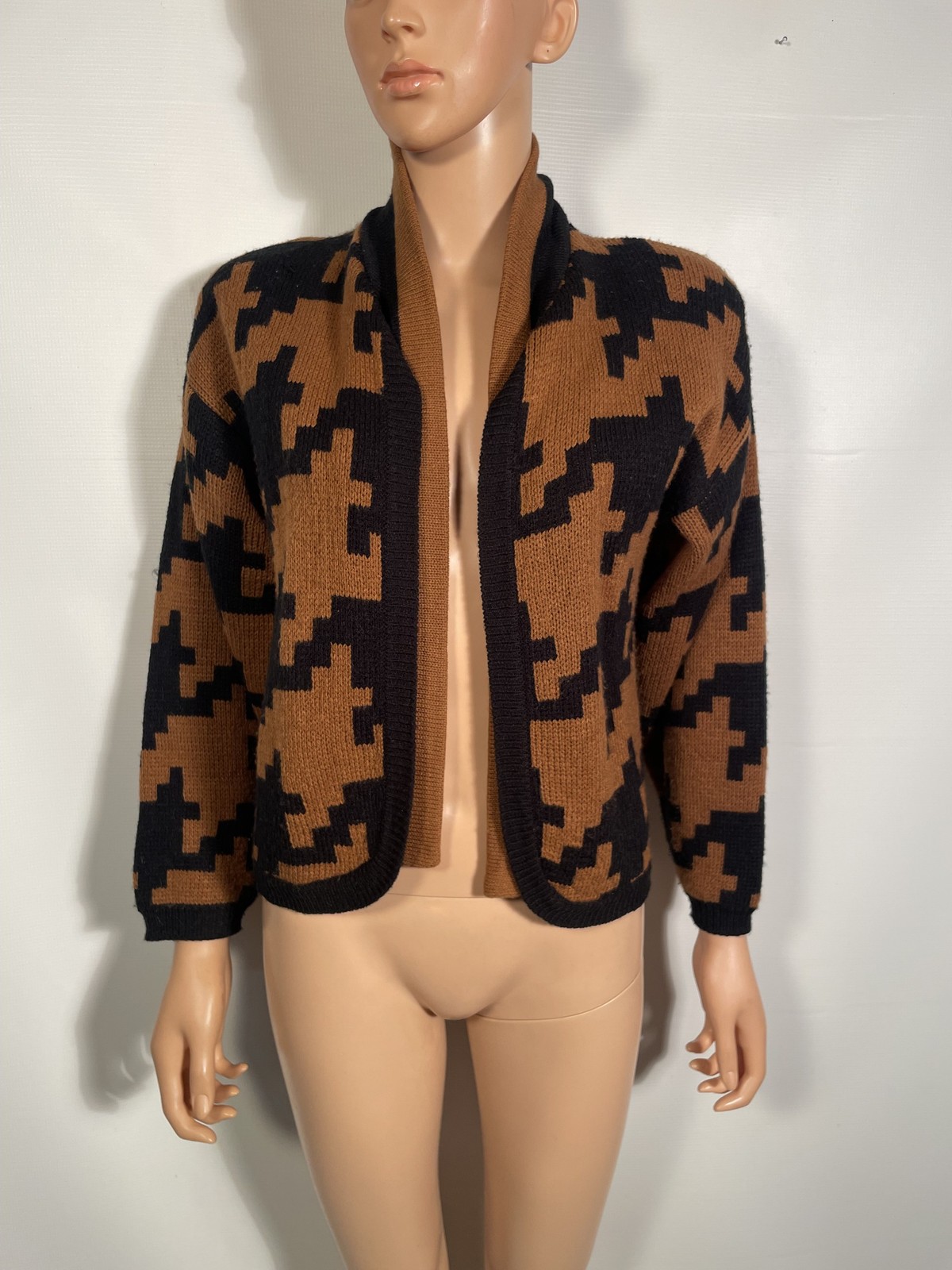 Vintage 1980s Brown Houndstooth Cardigan With Attached Collar Tie Size M