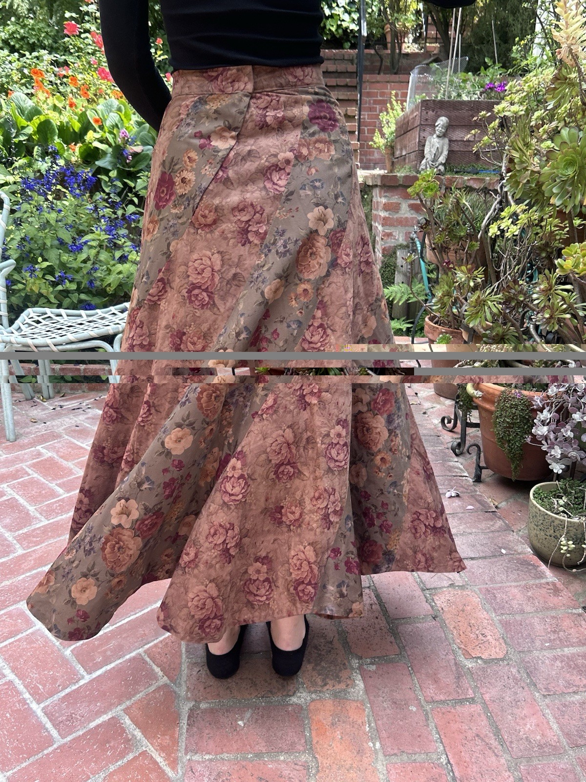 Vintage 70s Handmade S Full Floral UltraSuede velveteen Skirt