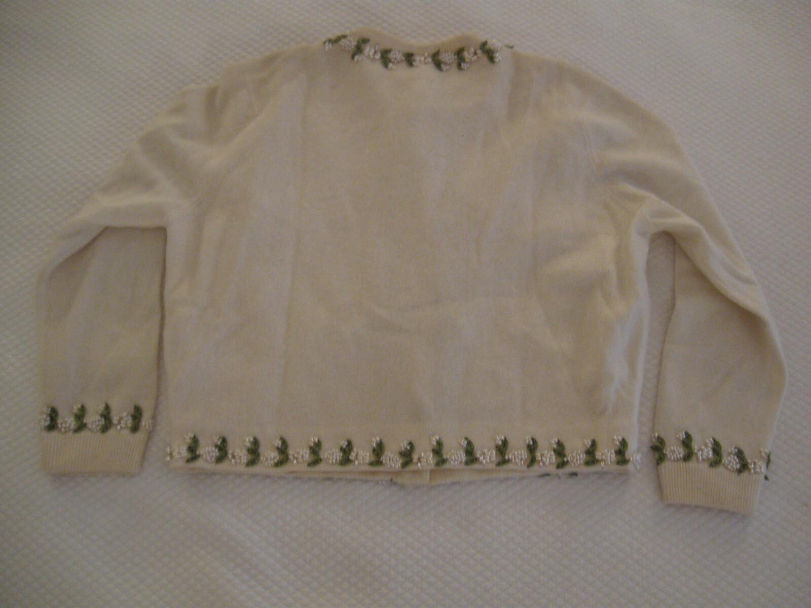 Vintage Dalton Virgin Cashmere Cardigan Sweater- Ivory, Silk Applique & Beadwork