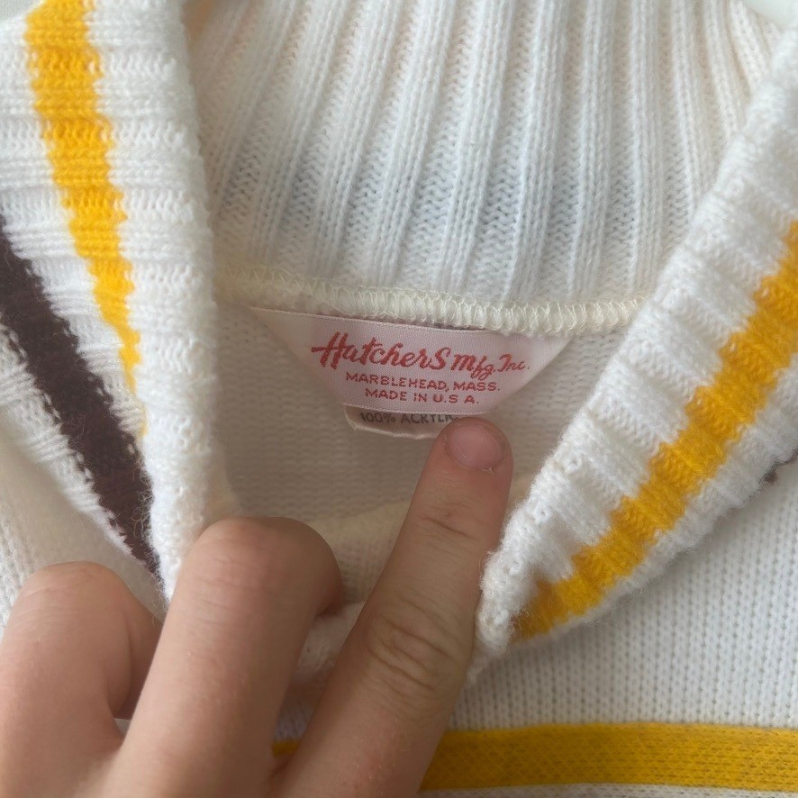 Vintage Hatchers Mfg RHS Cheerleader Sweater Maroon Gold White Stripe Large USA