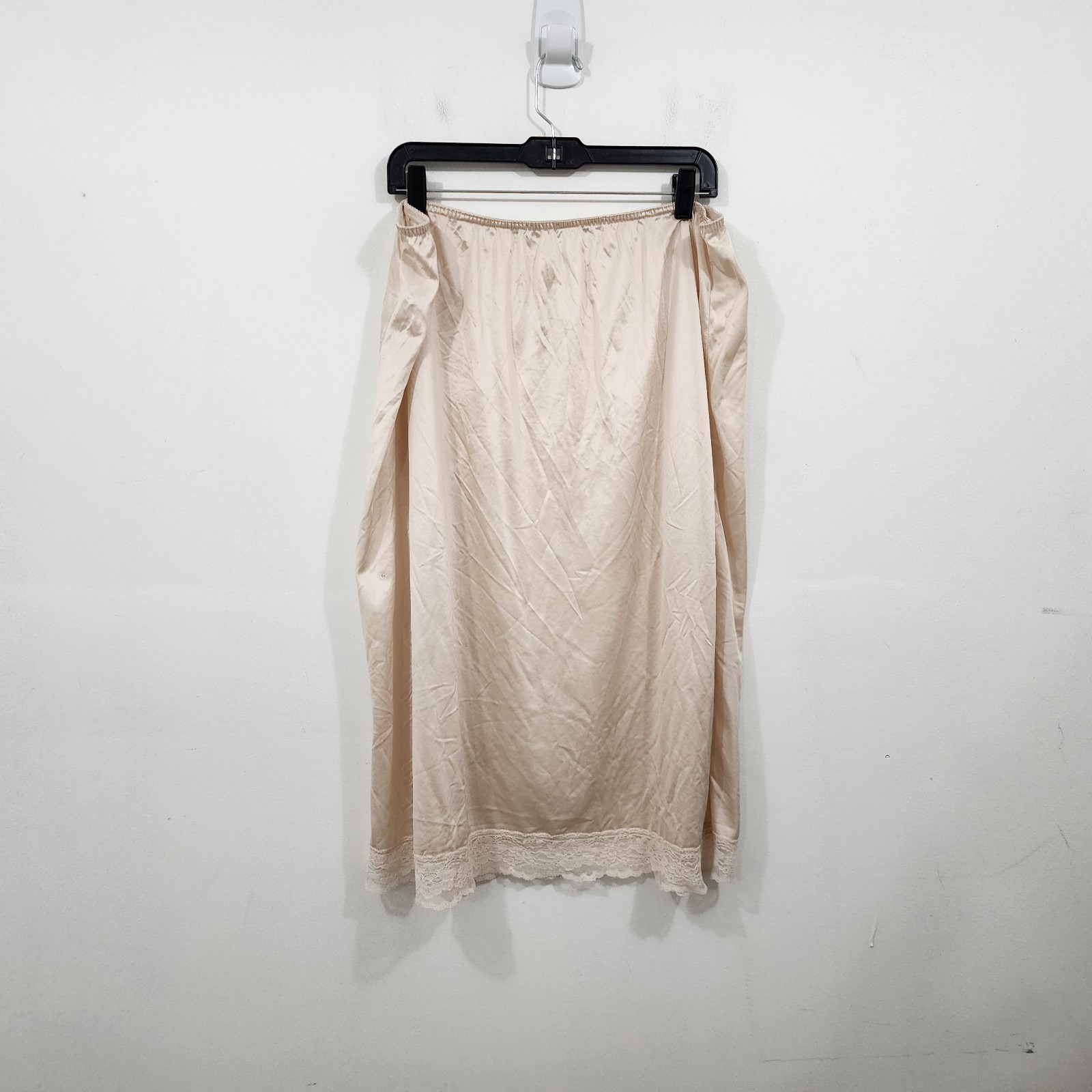 Vintage Beige Satin Nylon Lace Trim Knee-length Slip Skirt Elastic Plus 26/28W