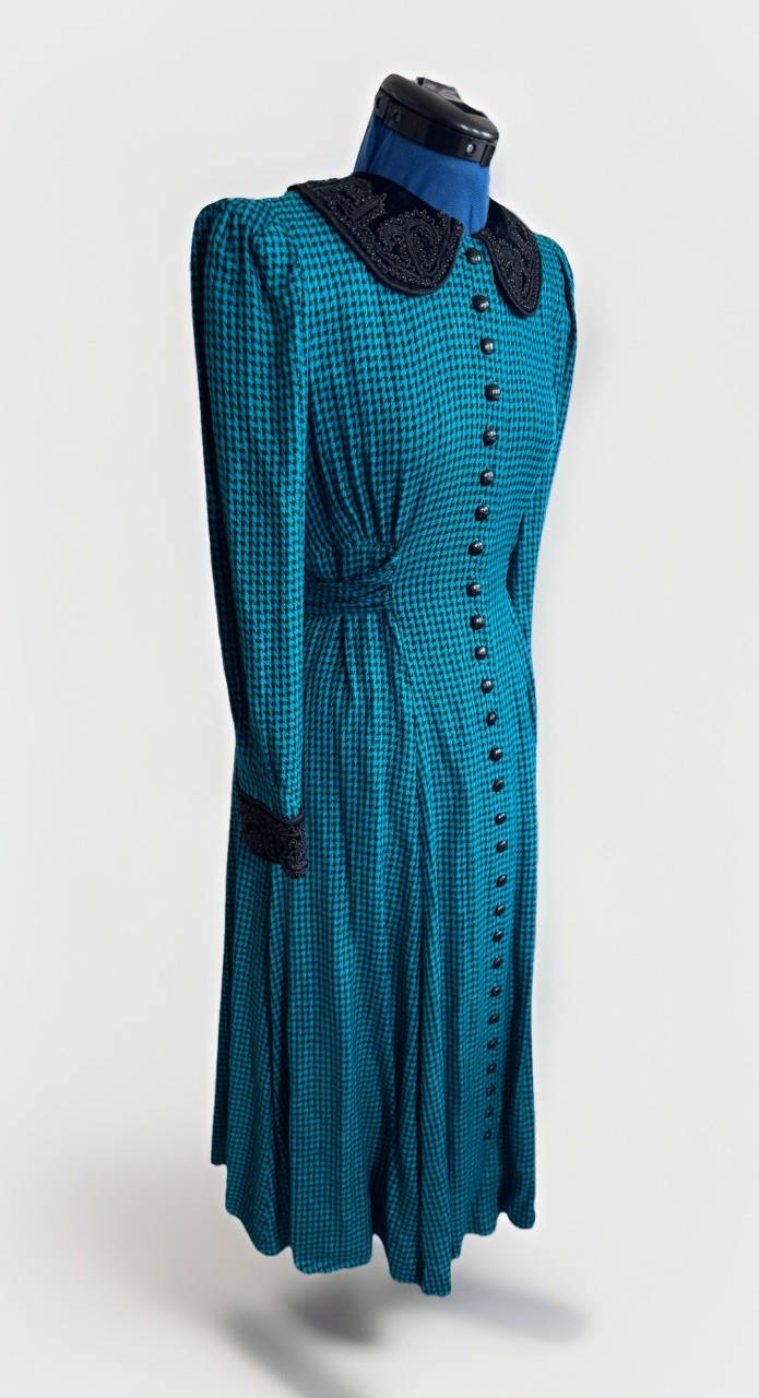 Vintage 80s Sarah Elizabeth Beaded collar Teal Gingham Goth Check Maxi Dress