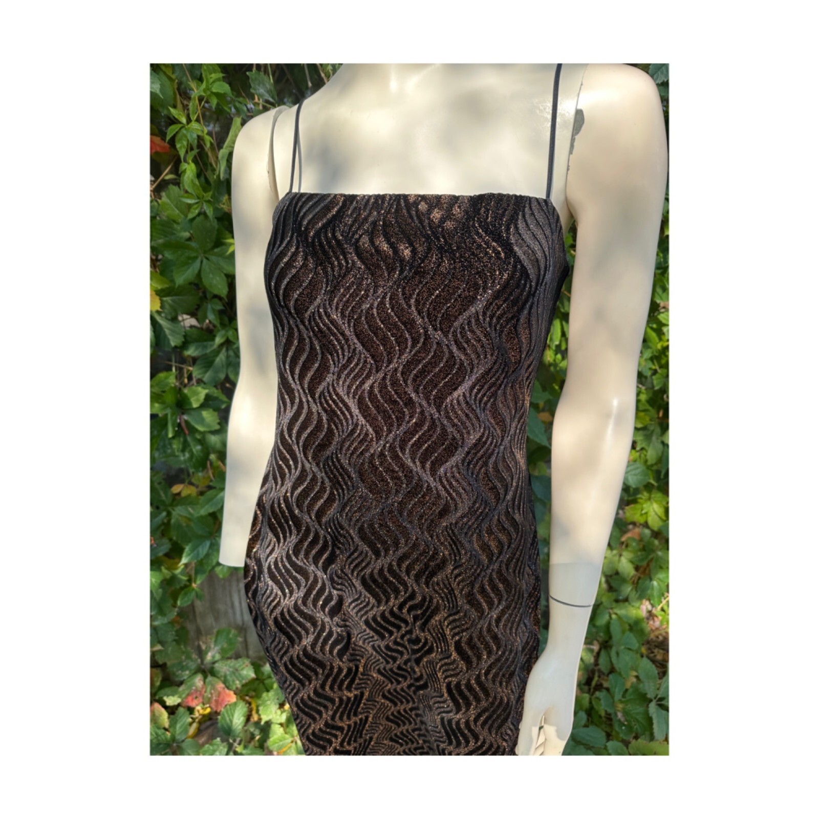 Vtg | 90s Formal Gown Dress Velvet Burnout Copper Metallic Spaghetti Straps 14