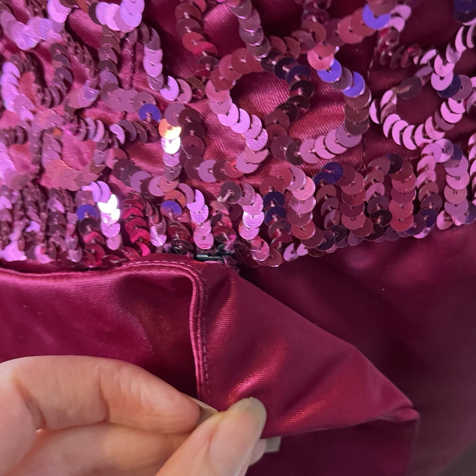 Vintage Mike Benet Satin 60s 70s Hot Pink Prom Formal Dress Sequin Scalloped
