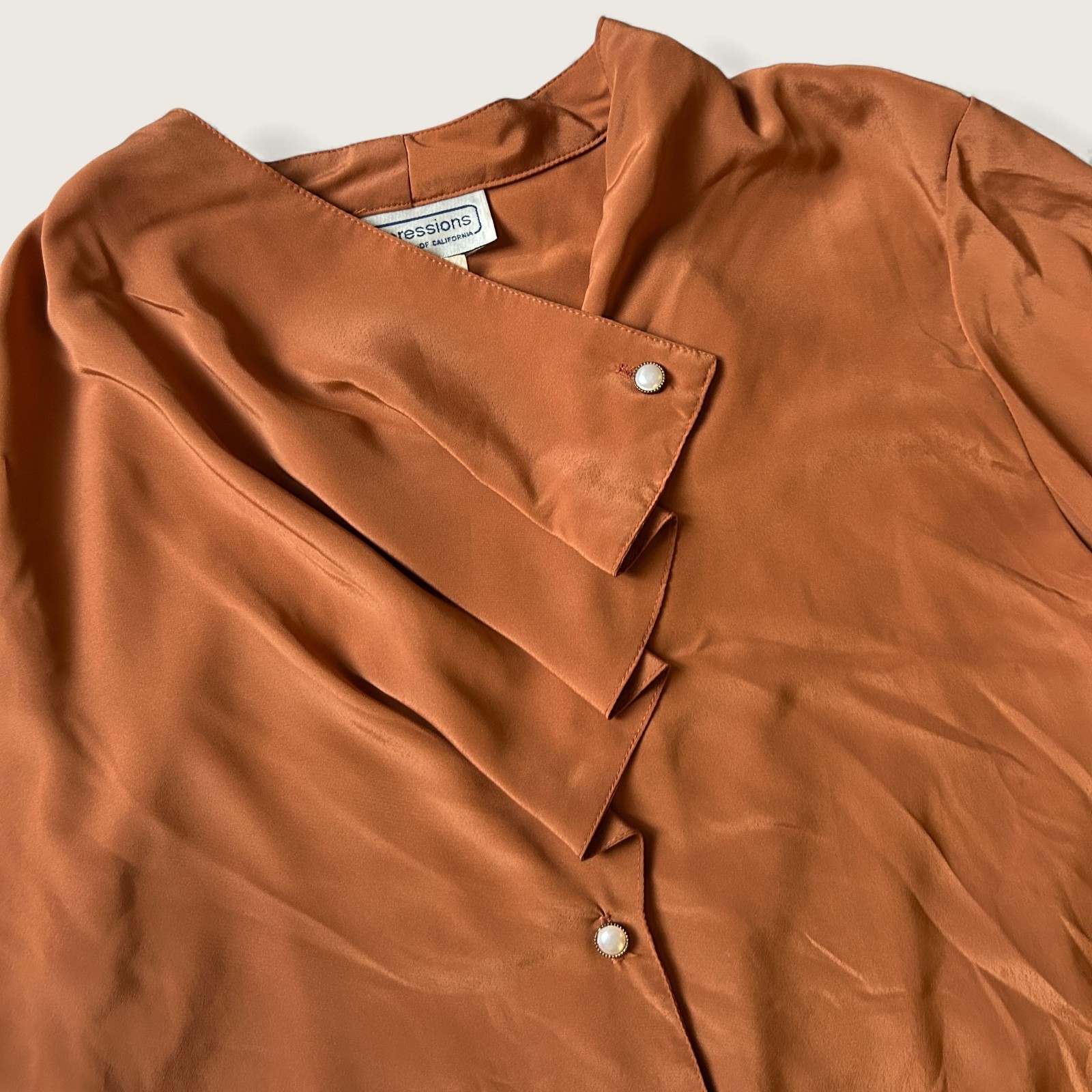 Vintage Impressions of California Rust Orange Silky Blouse Asymmetrical Collar