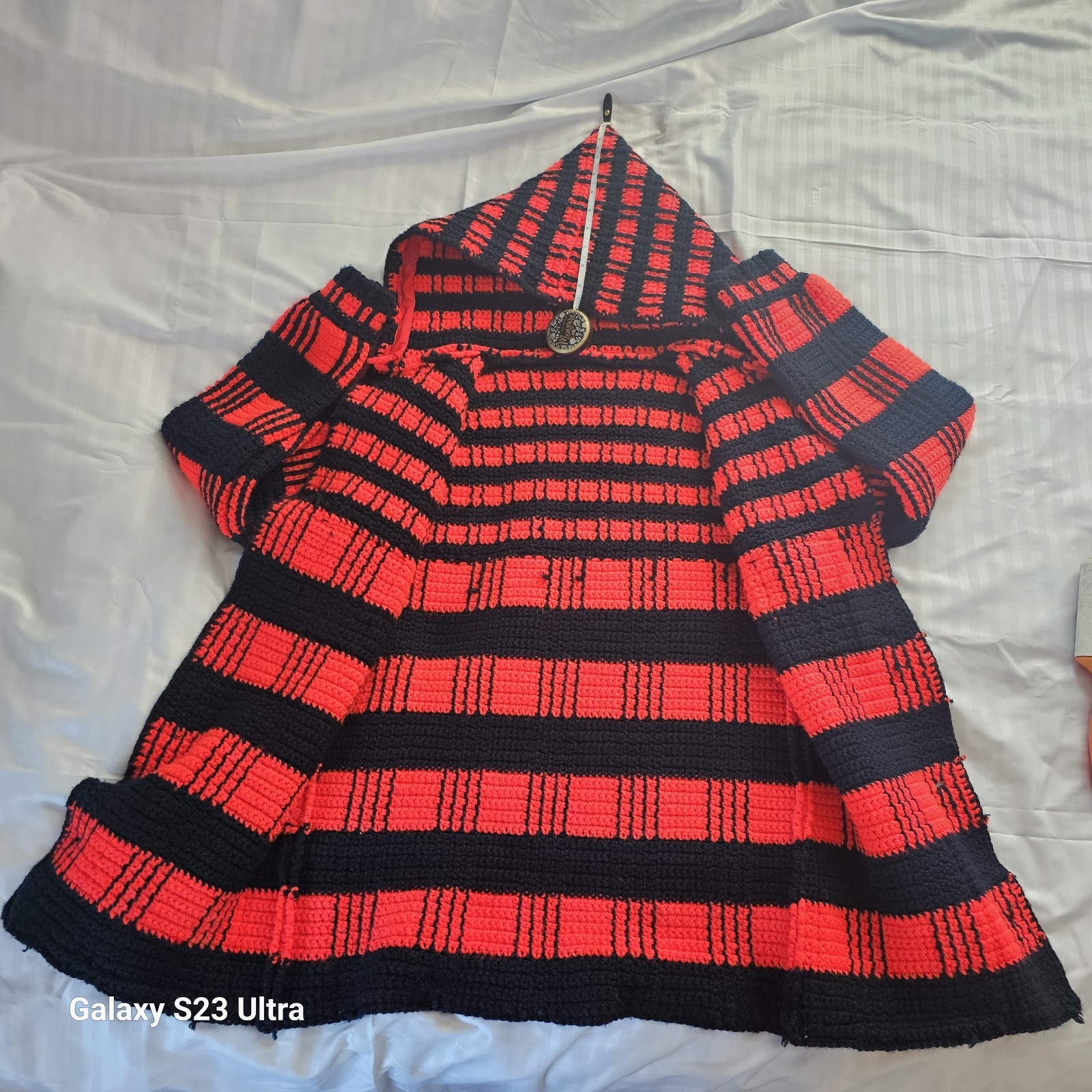 VTG 70s CROTCHET Black and Red HEAVY Jacket Coat w HOOD BUTTONS POCKETS Handmade