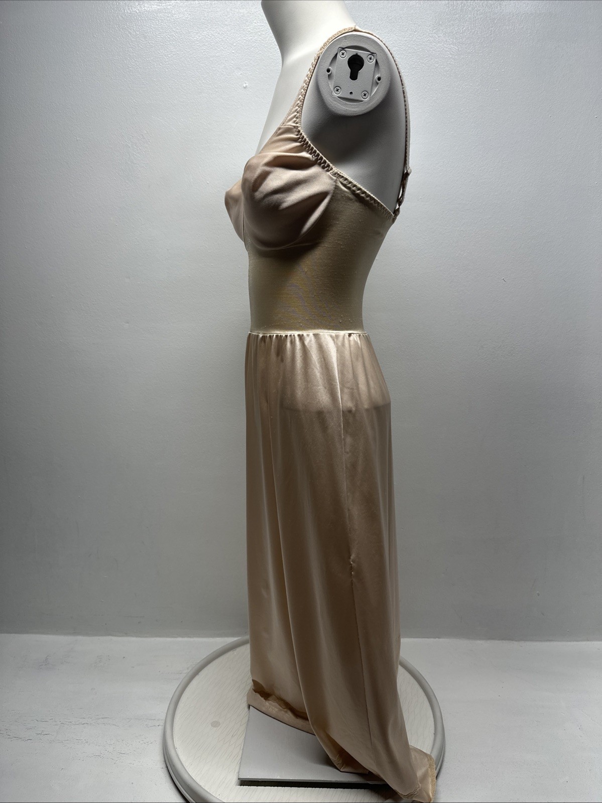 Vintage Olga Underwire Slip Midi Dress Nylon Made in USA 34319 Nude Tan Size 34C