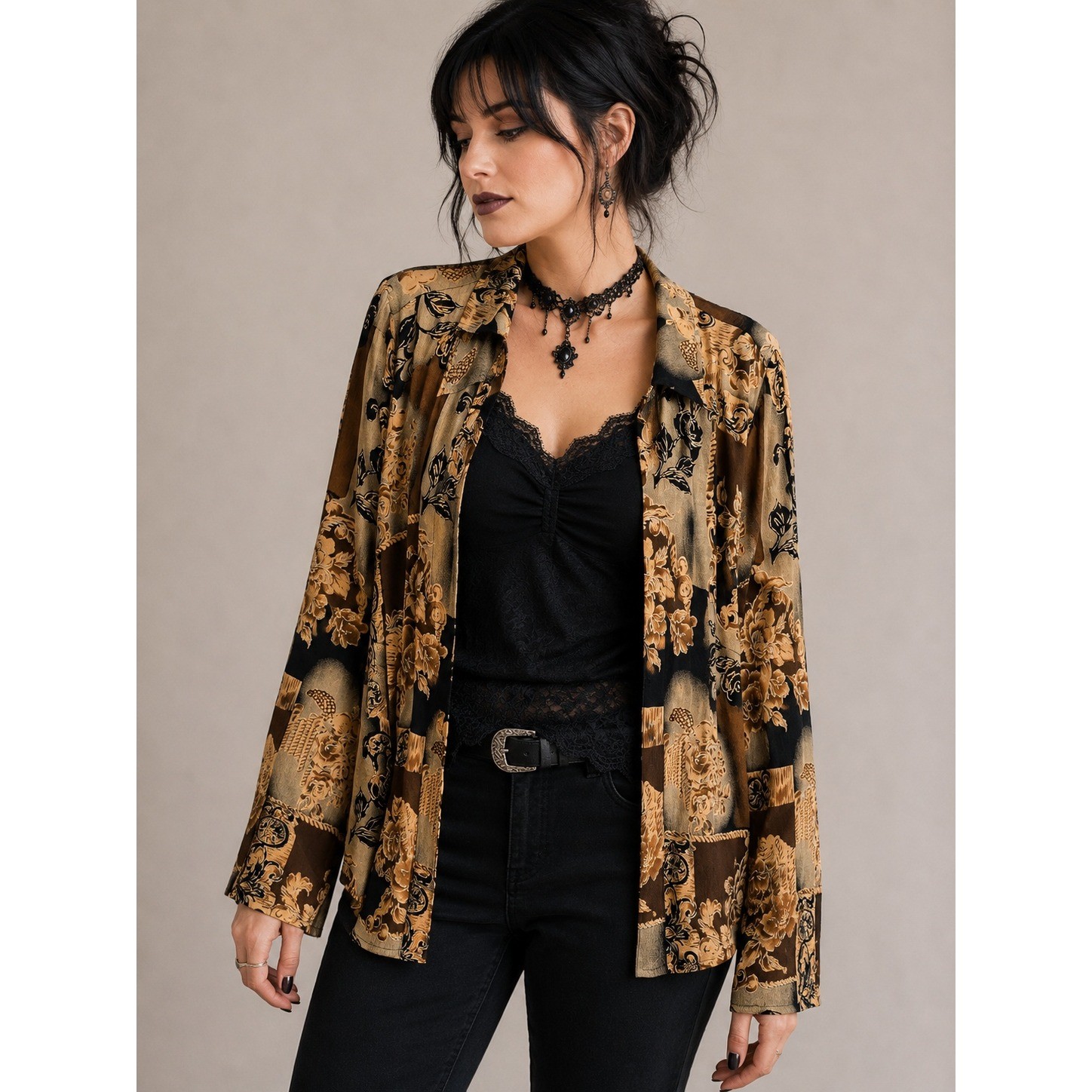 Vintage Whimsigoth Dark Romantic Floral Shirt R&M Richards L Metallic Slit Back