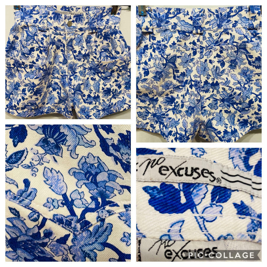 Vtg 80s Denim NO EXCUSES High Waisted Jean Shorts Blue White Flowers Pleats XS S