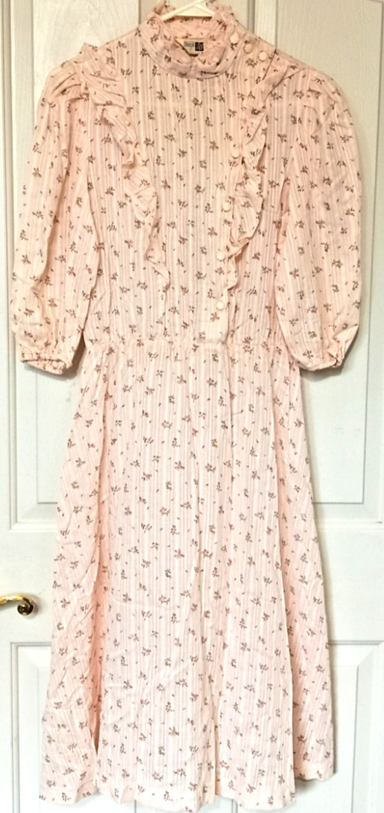 Vtg 70s Sears Pink Prairie Dress Floral Button Front Ruffled High Collar Small