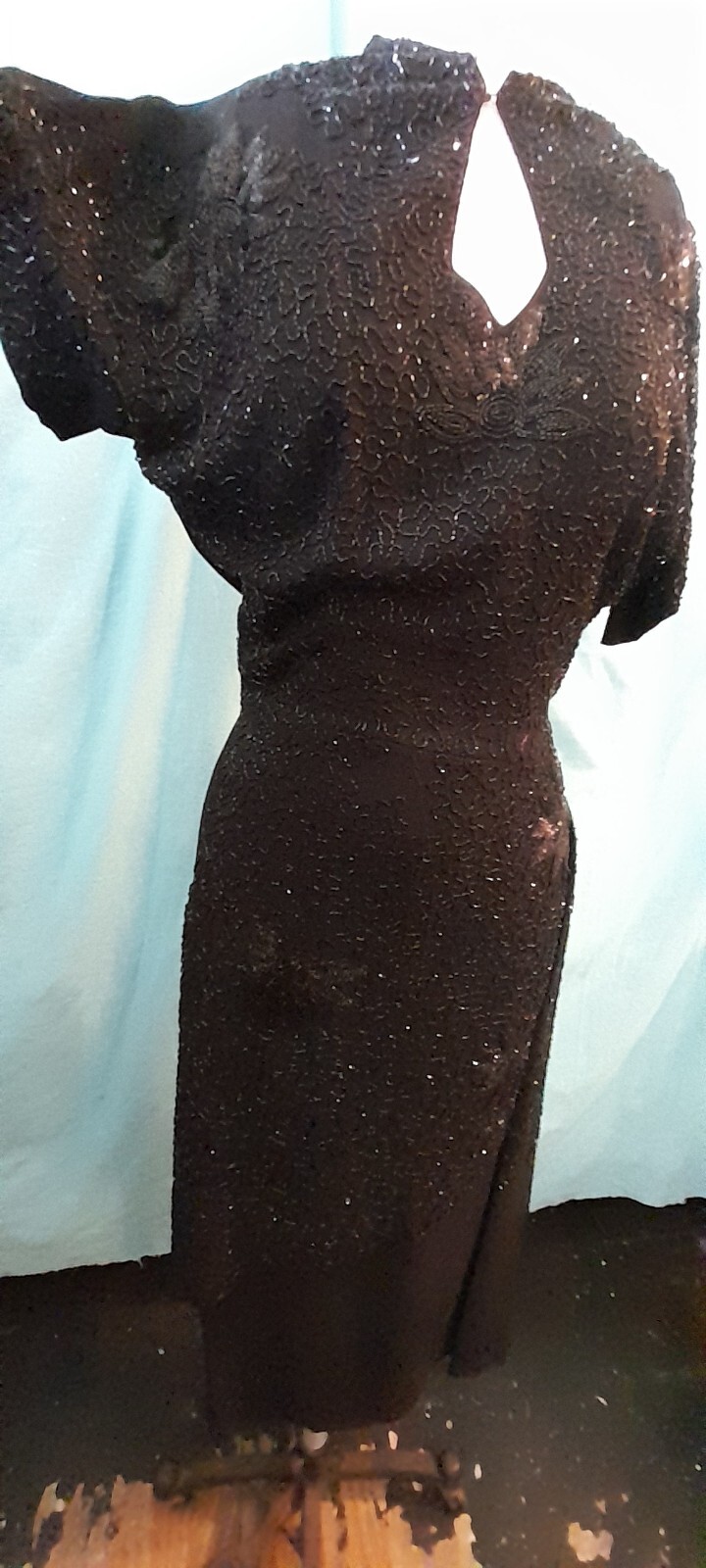 Vtg 1940s Rayon Crepe ENCRUSTED Beaded Black Evening Cocktail Long Sash Dress M