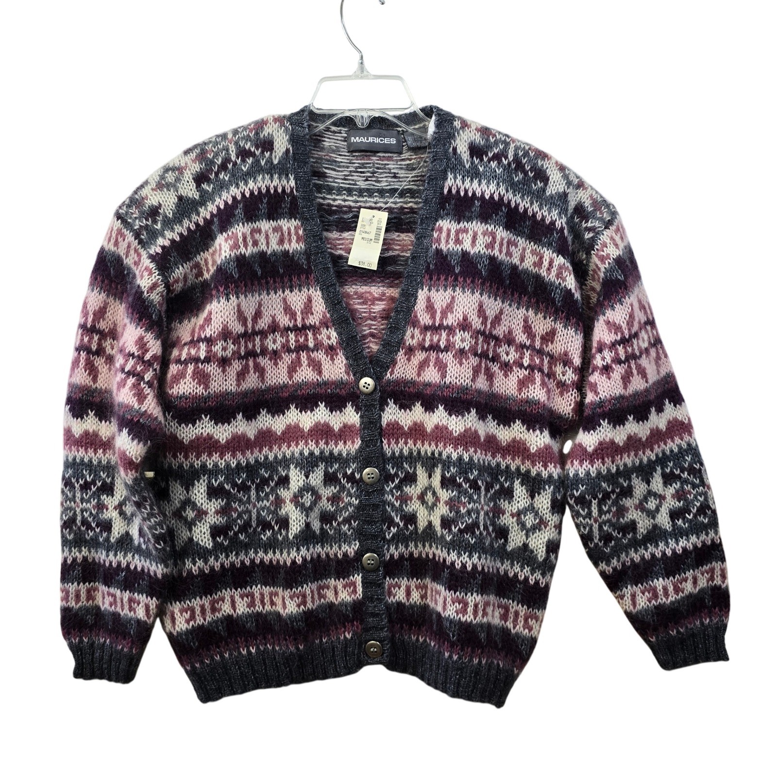 Maurices Mohair Blend Fair Isle Cardigan Fuzzy Knit Cozy Grandpa Medium NEW!
