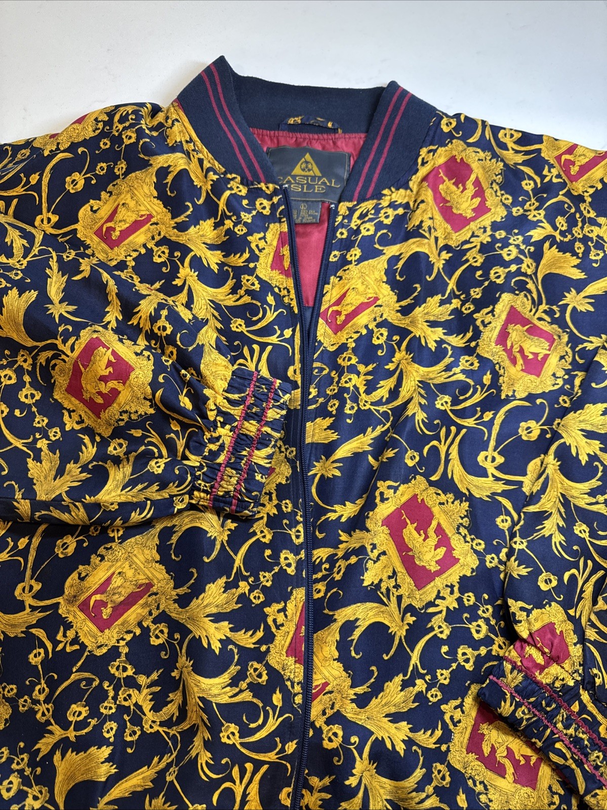 VTG 80s 100% Silk Bomber Jacket Abstract Baroque Print L Casual Isle Full Zip Up