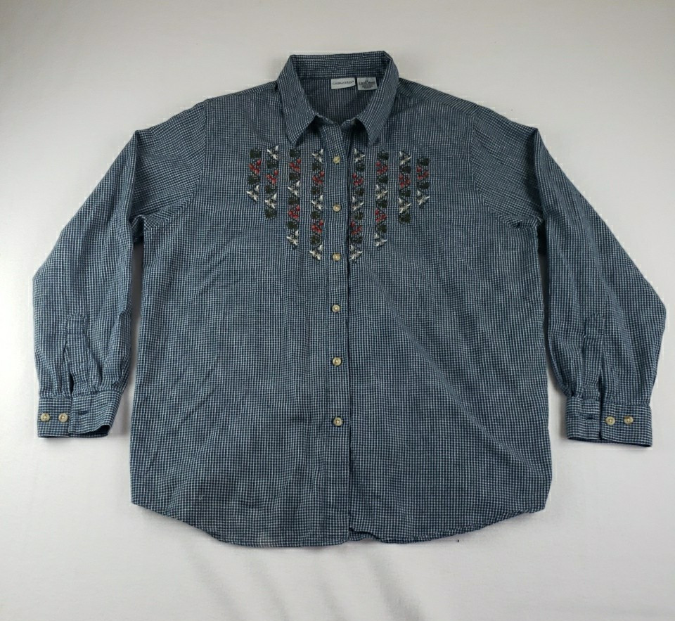 Vintage Cabin Creek Top Embroidered Floral Button Down Plaid 80s 90s 2X Womens
