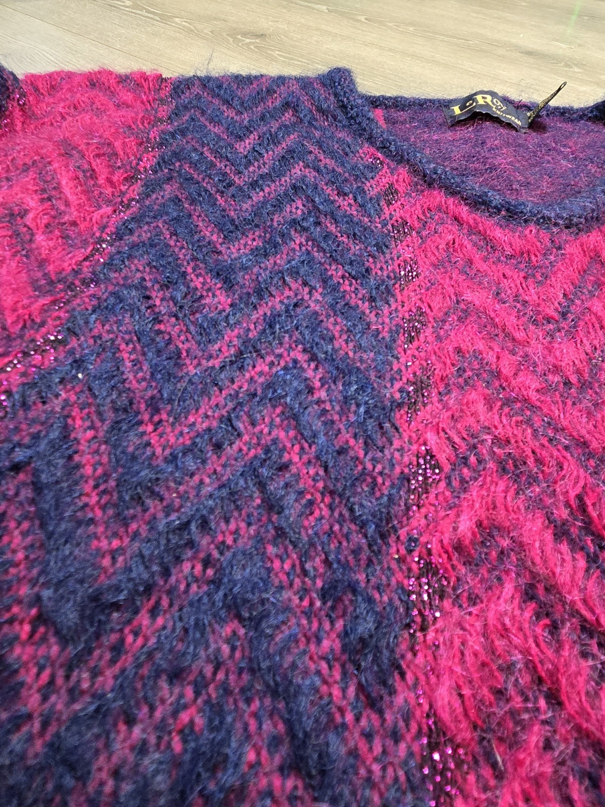 Vintage LeRoy Knitwear Wool Lurex Metallic Pink & Blue MCM Sweater Small Chevron