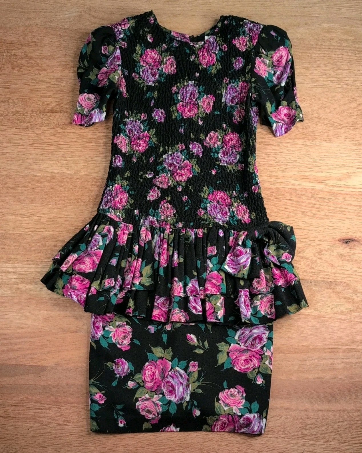 VTG Expo 90s Dress Women 2 Romance Floral Cottagecore Smocked Puff Sleeve Ruffle