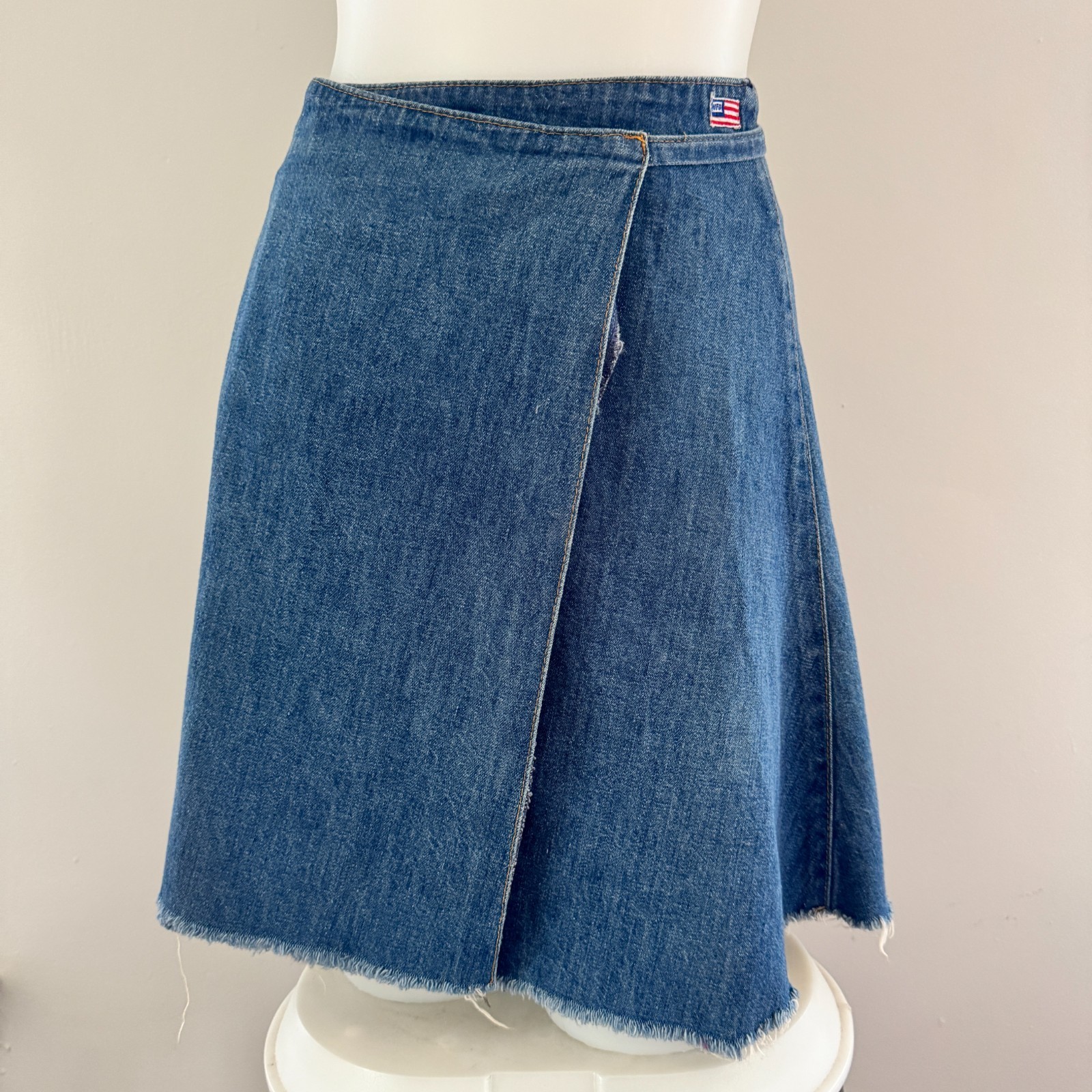 70s vintage UFO JEANS Denim Cut-off Wrap Mini Skirt USA NY American Flag Patch