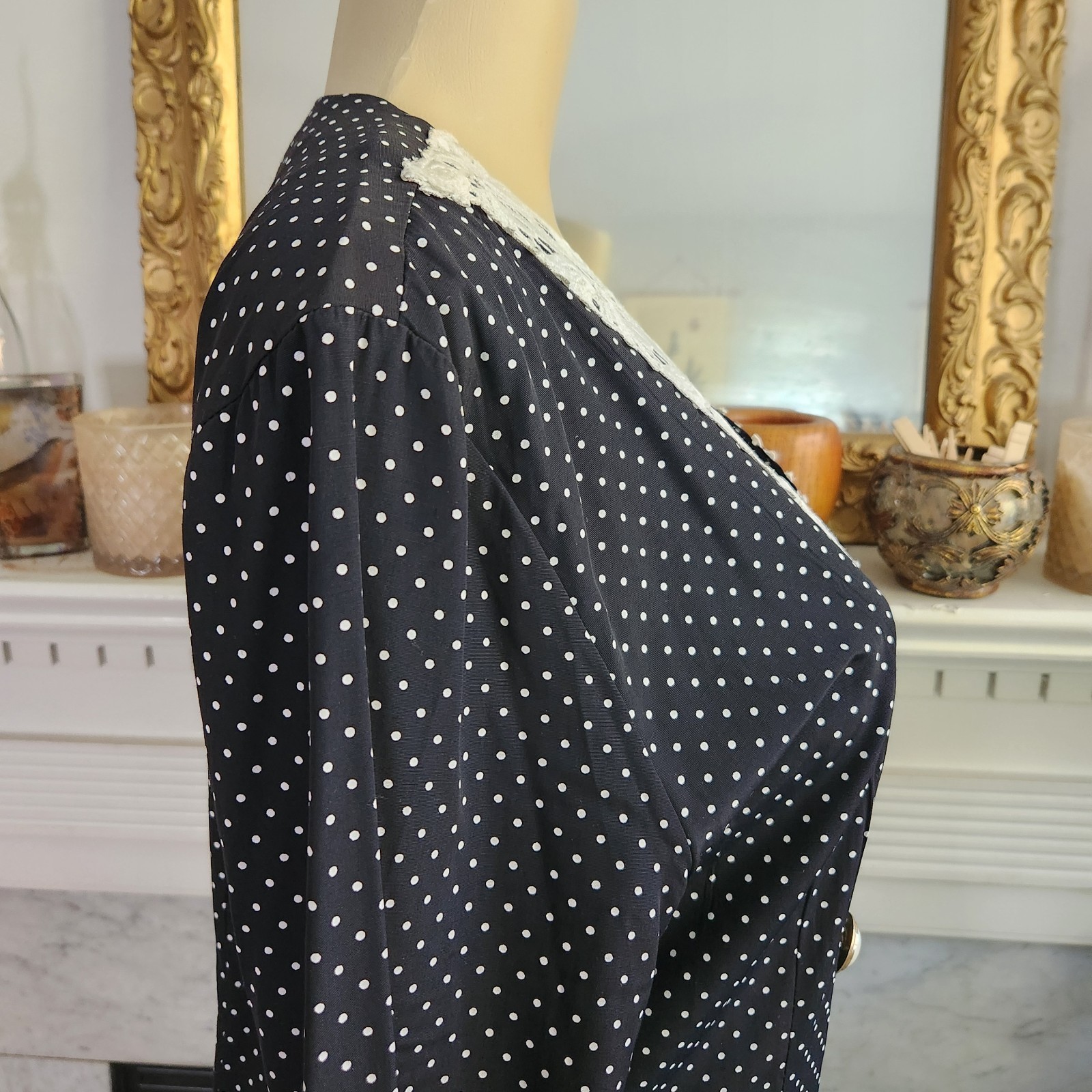 Vintage 70s Black Polka Dot Blazer Dress Sz 13 Double Breasted Office Retro