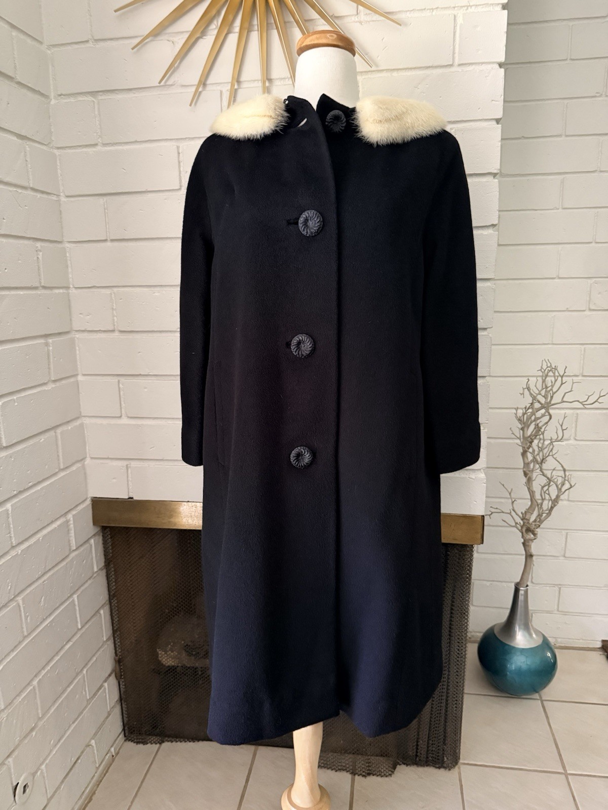 Vintage Black Wool Swing Coat Long 50s 60s Real Fur Collar Bonnet Teller S M USA