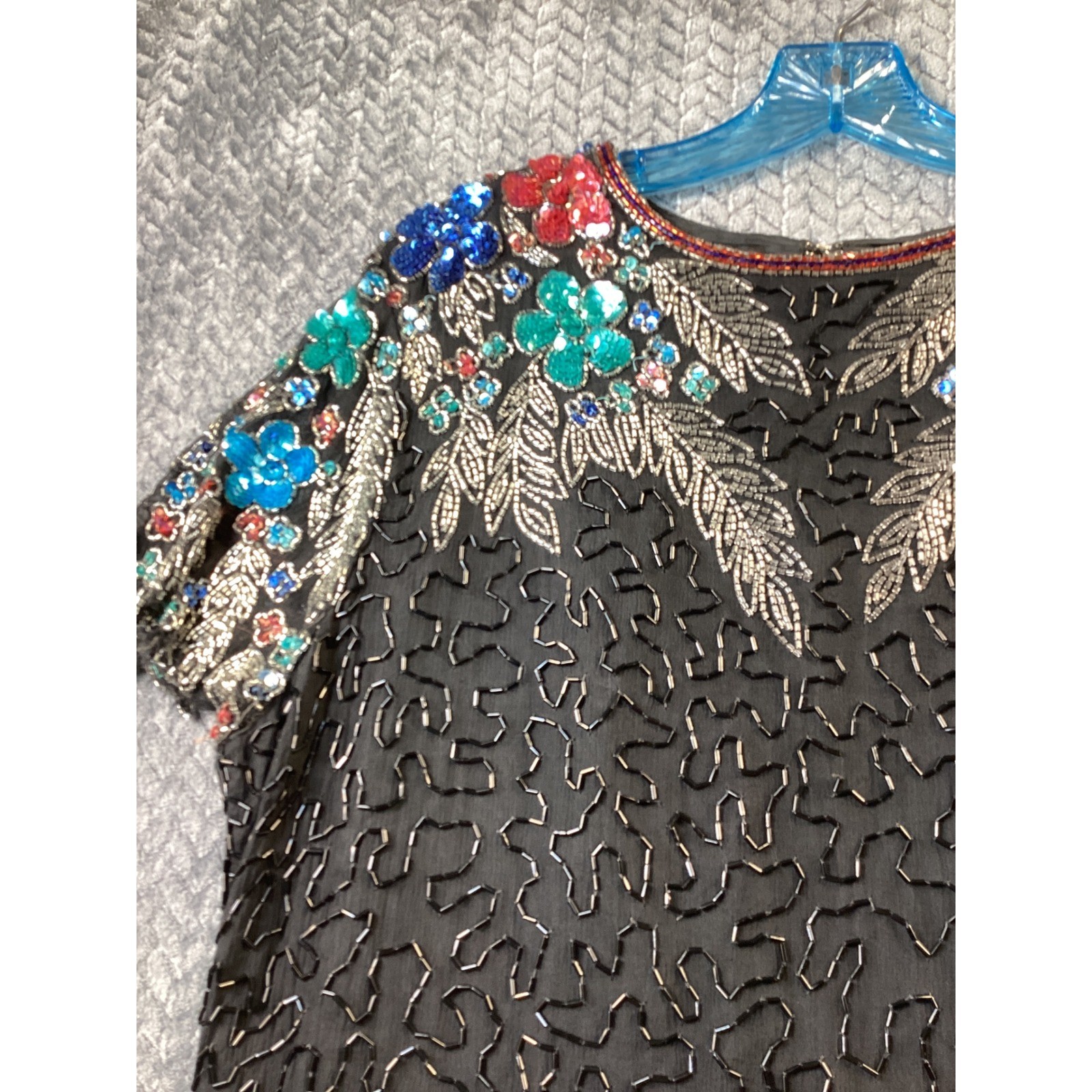 Swee Lo Vintage Beaded Silk Dress Black Floral Sequined Keyhole Evening Gown