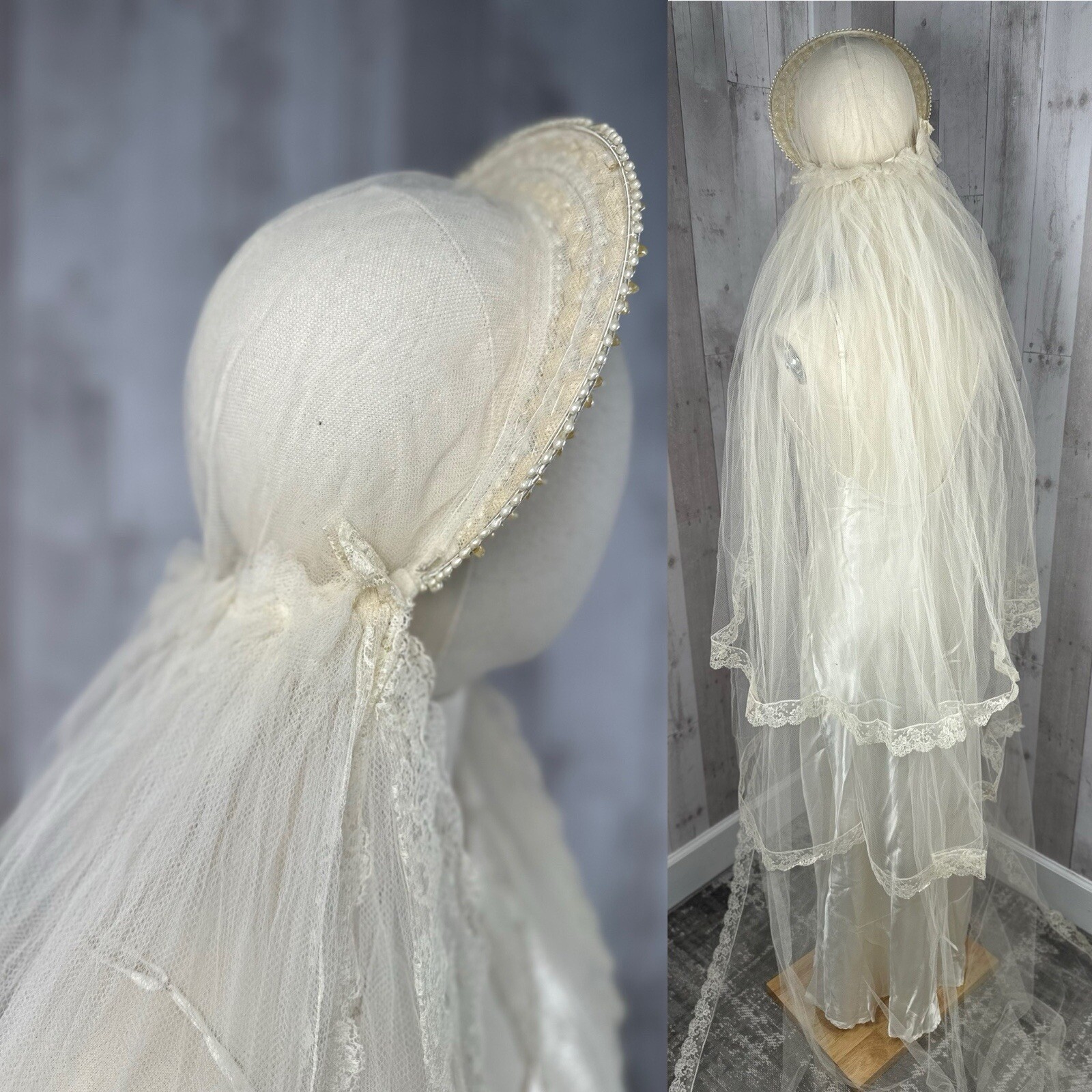 🌷1920s Art Deco Liquid Satin Wedding Gown / Bridal Dress Veil w/Wax Flowers