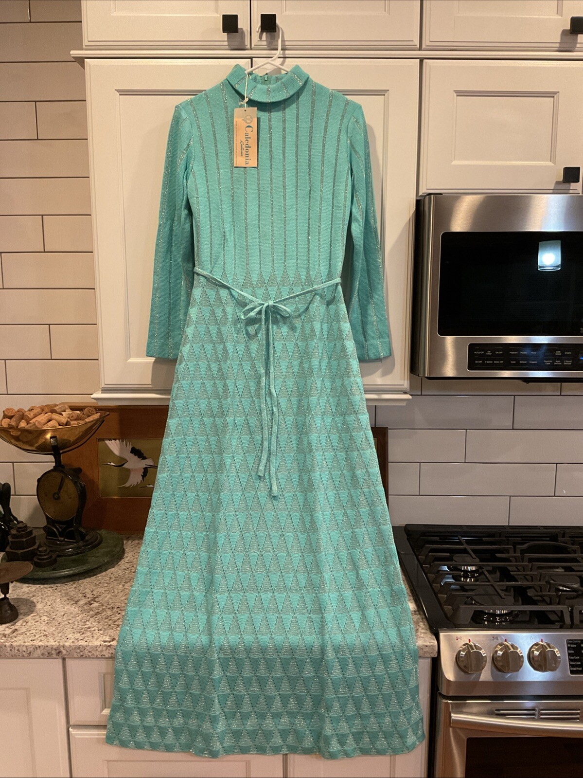 Stunning Vtg 60s 70s Caledonia Fancy Knit Dress NWT Silver & Turquoise