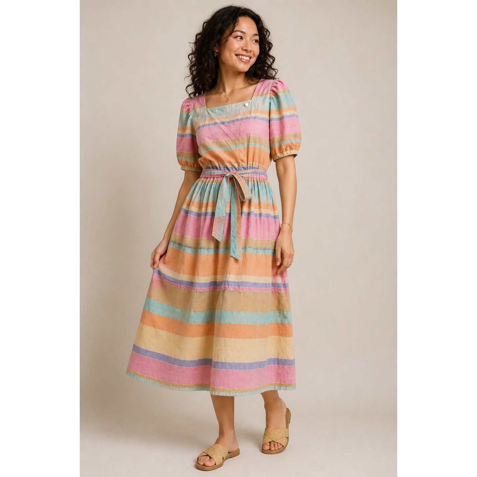 Vintage Liz Claiborne 80s Pastel Rainbow Striped Cotton Dress Square Neck Size 8