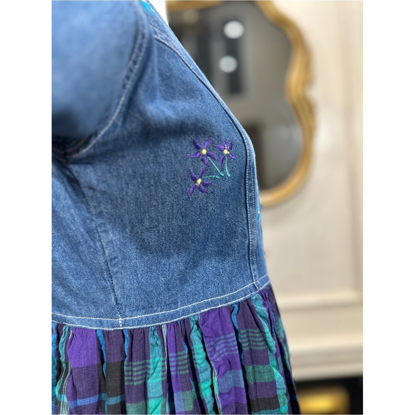 Jane Ashley Denim Plaid Dress size M Vintage Cottagecore Grannycore Boho