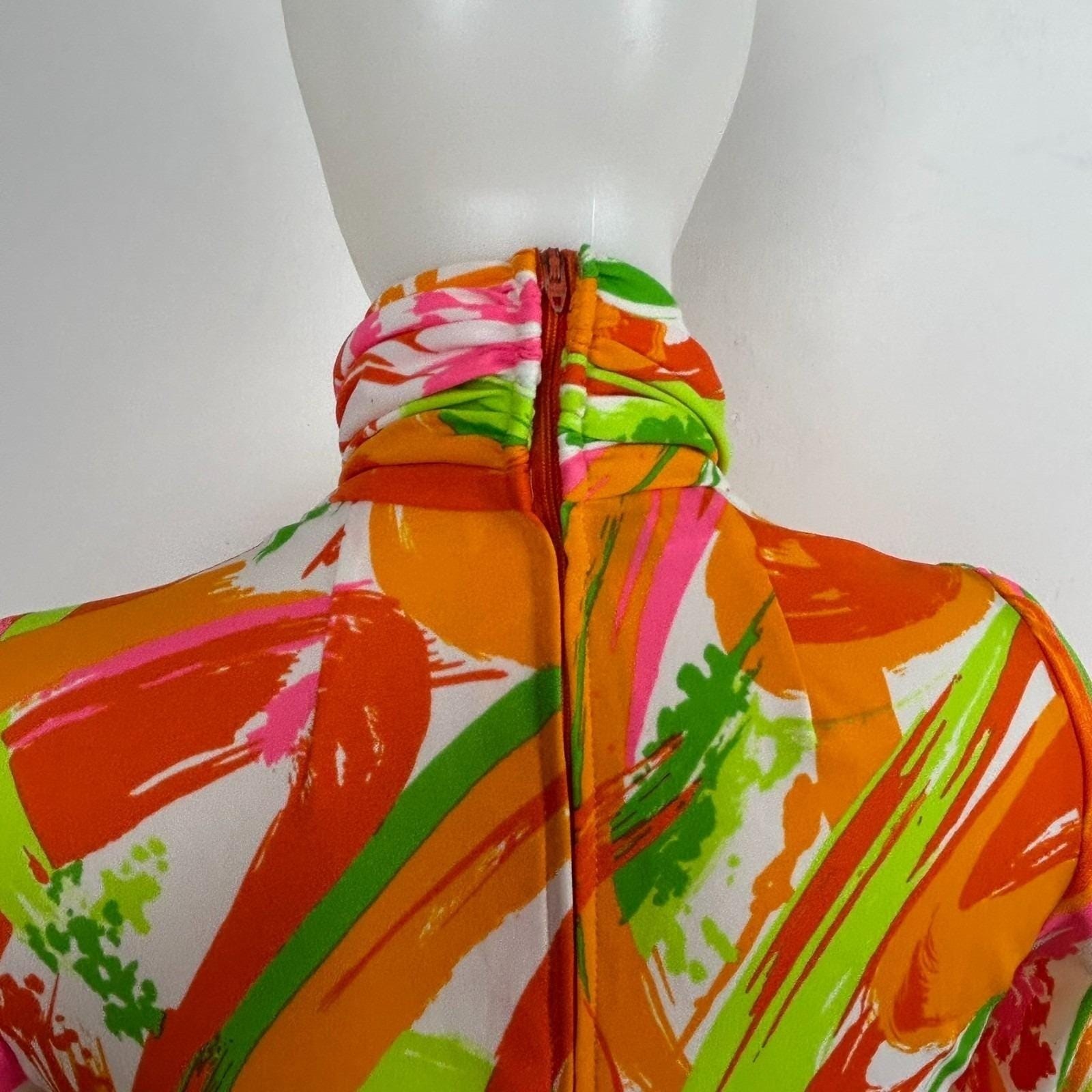 Vintage 70s Psychedelic Maxi Dress Multicolor Abstract Mock Neck Retro Mod