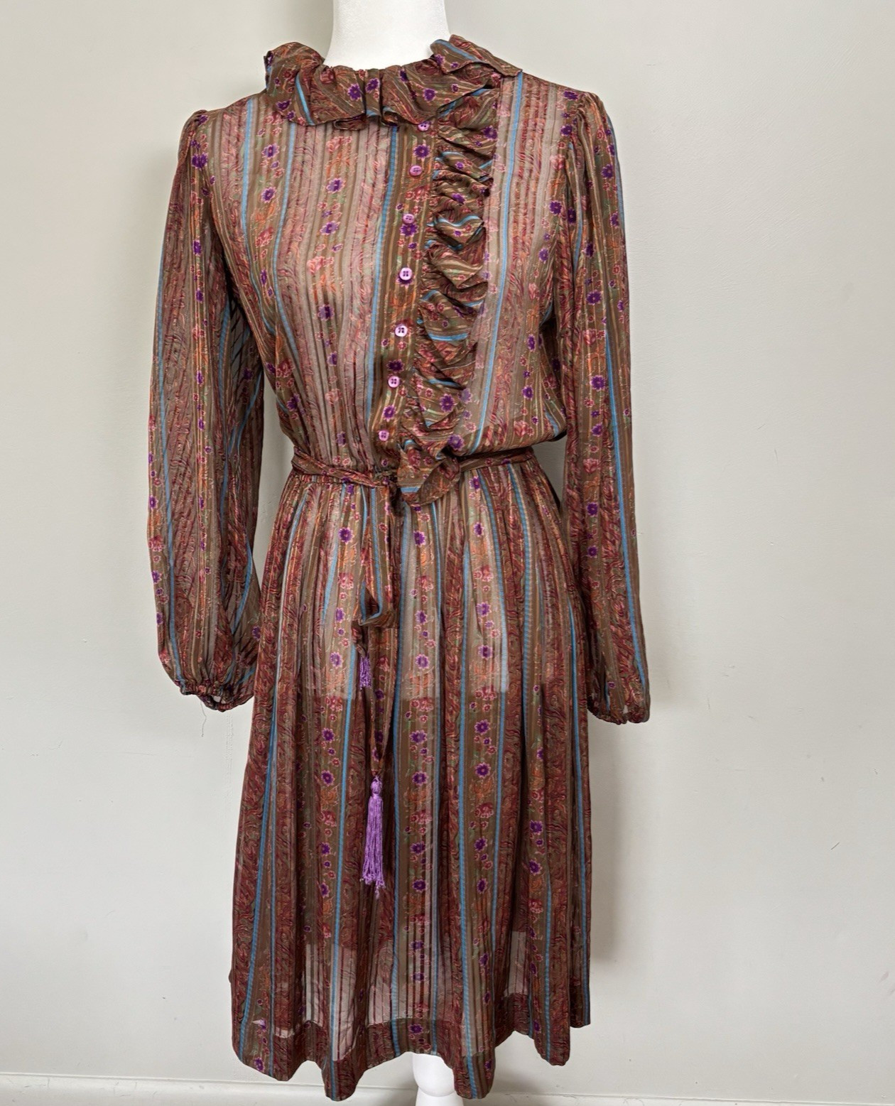 The Kollection VTG 70’s Sheer Floral Ruffle Button Front Belted Midi Dress-M
