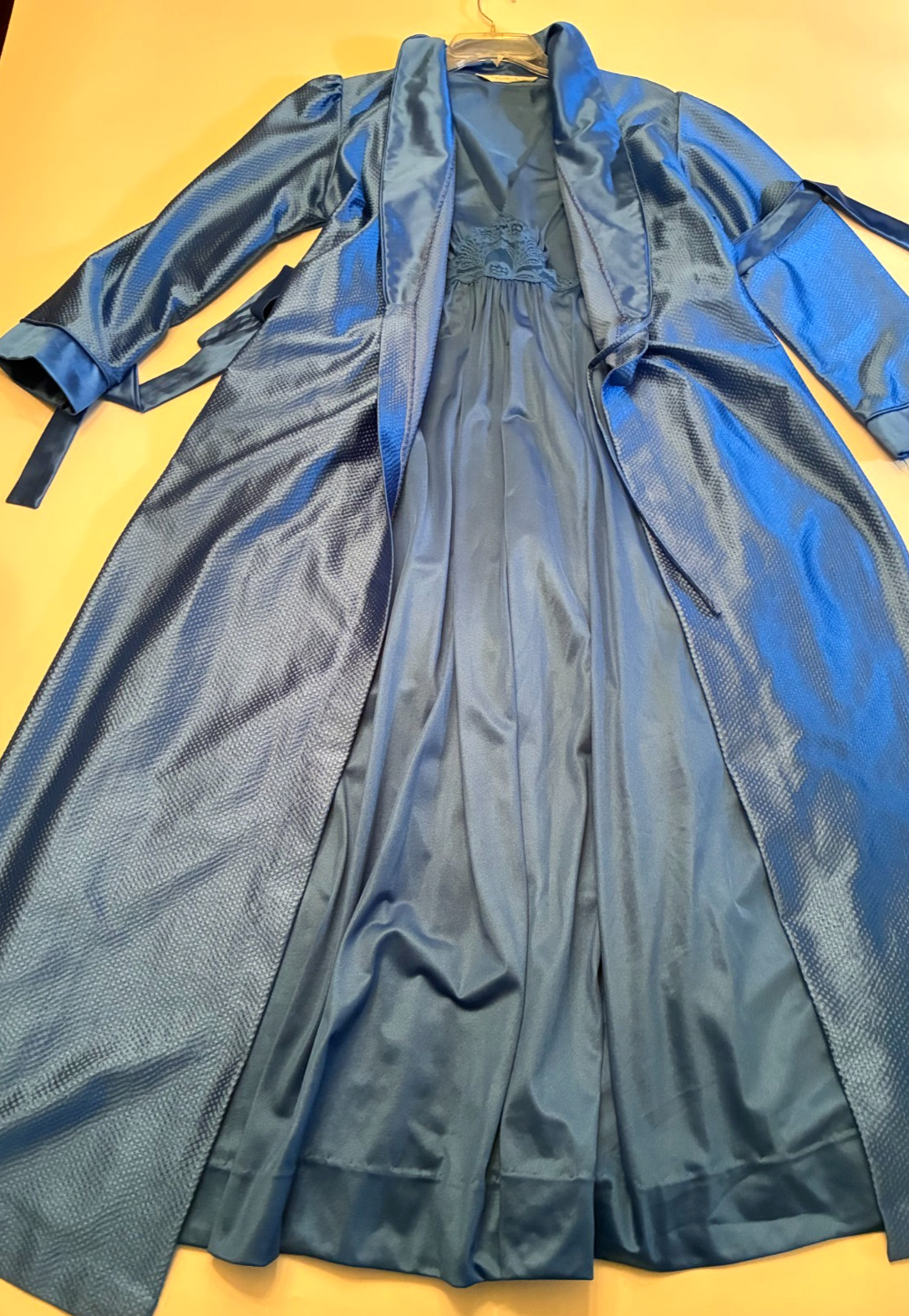 Vintage VAN RAALTE PEIGNOIR SET Medium ROYAL BLUE Sweep GOWN Long ROBE Lace 0215